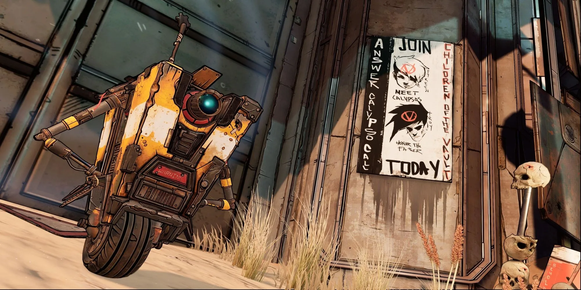 Claptrap robot vui nhộn trong Borderlands 3 đứng trước cánh cổng khóa, thể hiện tính cách "tấu hài".