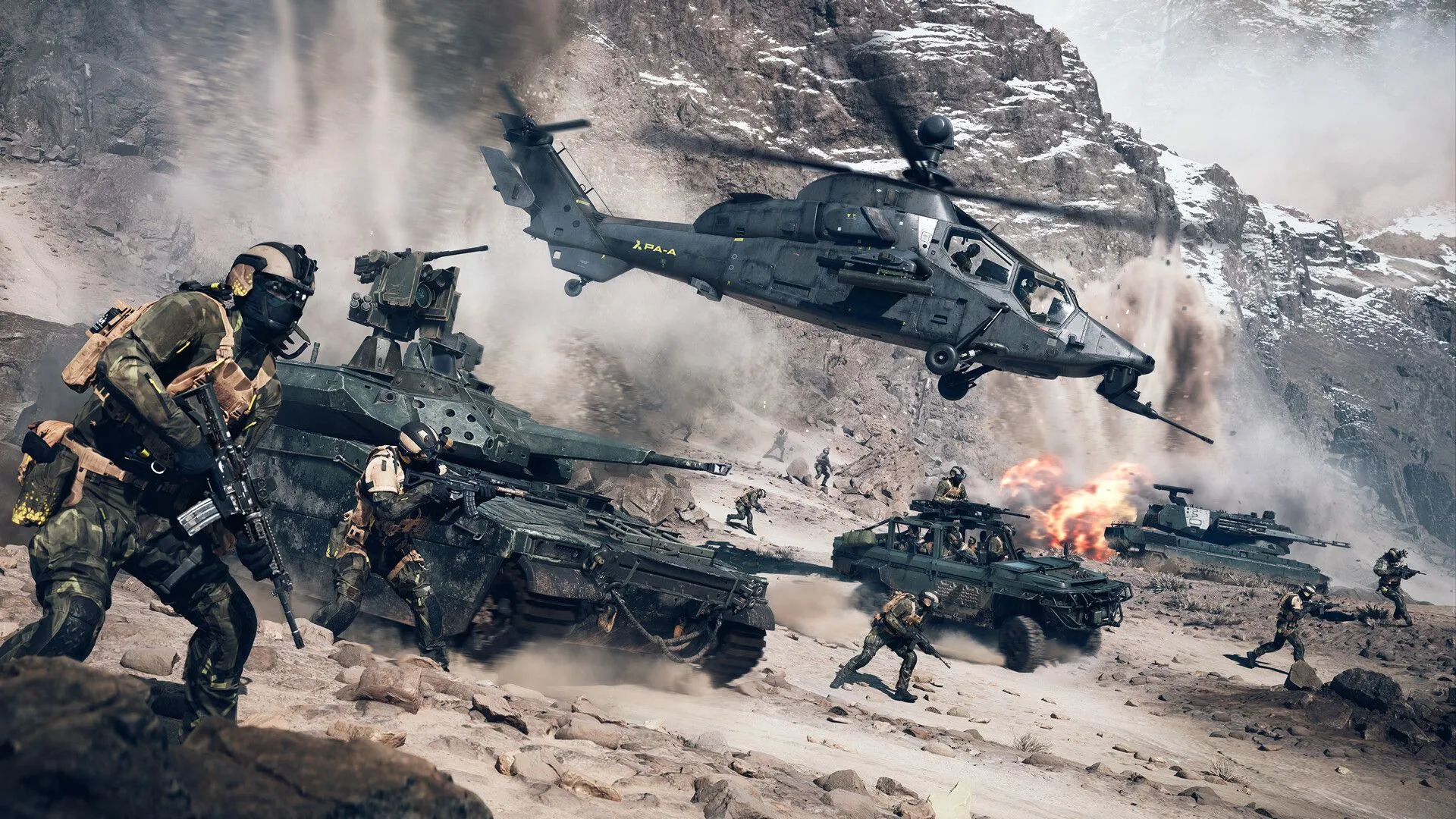 Đội hình binh lính và xe tăng sẵn sàng xung trận trong một bản đồ lớn của Battlefield 6.