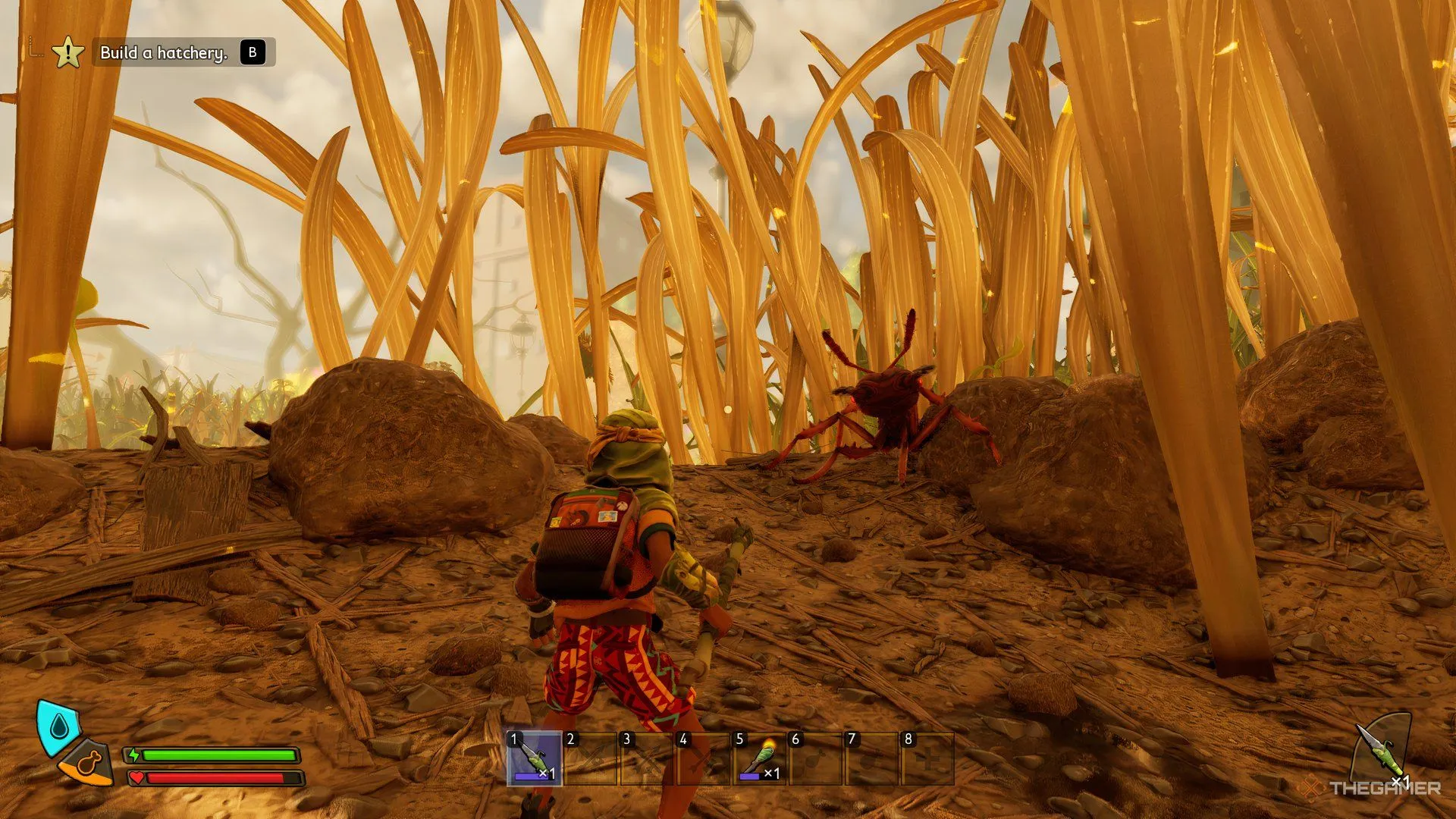 Game thủ đang chiến đấu với Kiến Lính Đỏ (Red Soldier Ant) để thu thập Acid Glands trong Grounded 2