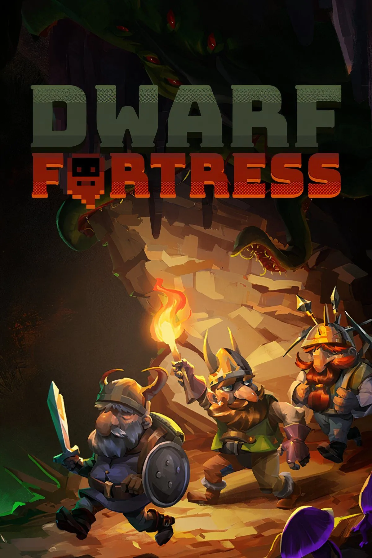Giao diện đồ họa ASCII đặc trưng của Dwarf Fortress thể hiện hầm trú ẩn và các nhân vật lùn.