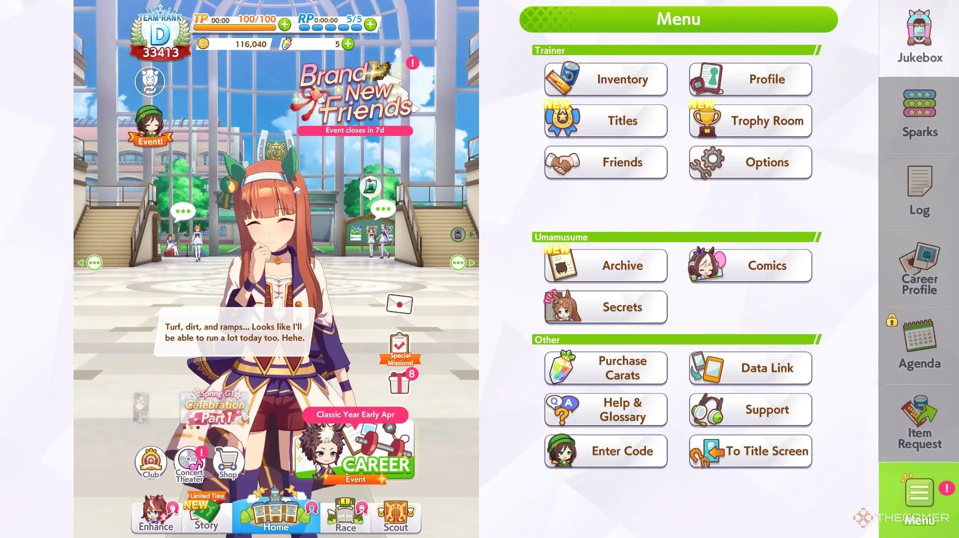 Giao diện dọc của Umamusume trên Steam hiển thị đầy đủ thông tin chi tiết về các chỉ số và nhật ký sự kiện, giúp game thủ dễ dàng theo dõi quá trình huấn luyện ngựa.