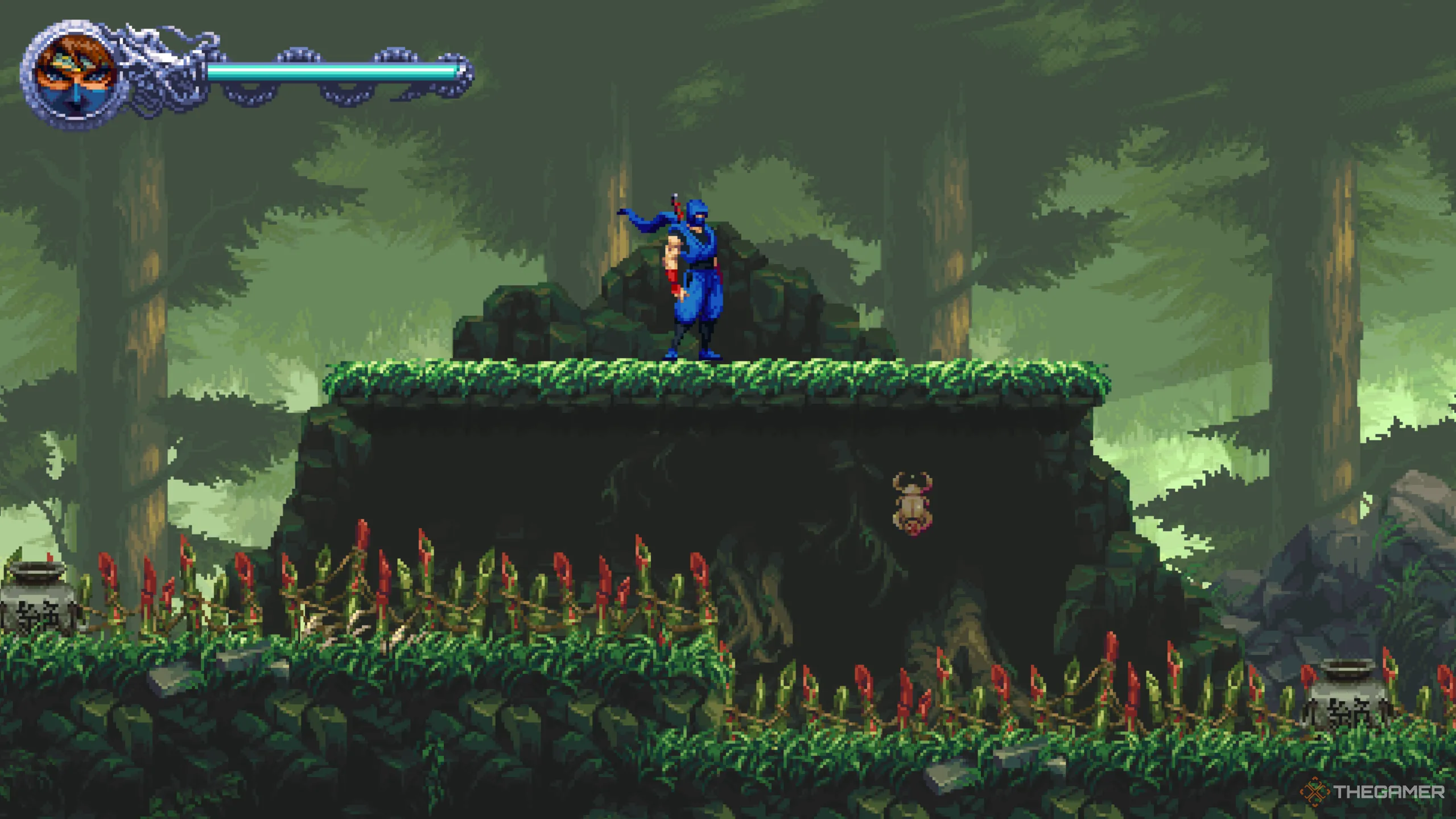 Golden Scarab đầu tiên trong màn 1-3 After the Demons! của Ninja Gaiden: Ragebound, treo lơ lửng trên gai.