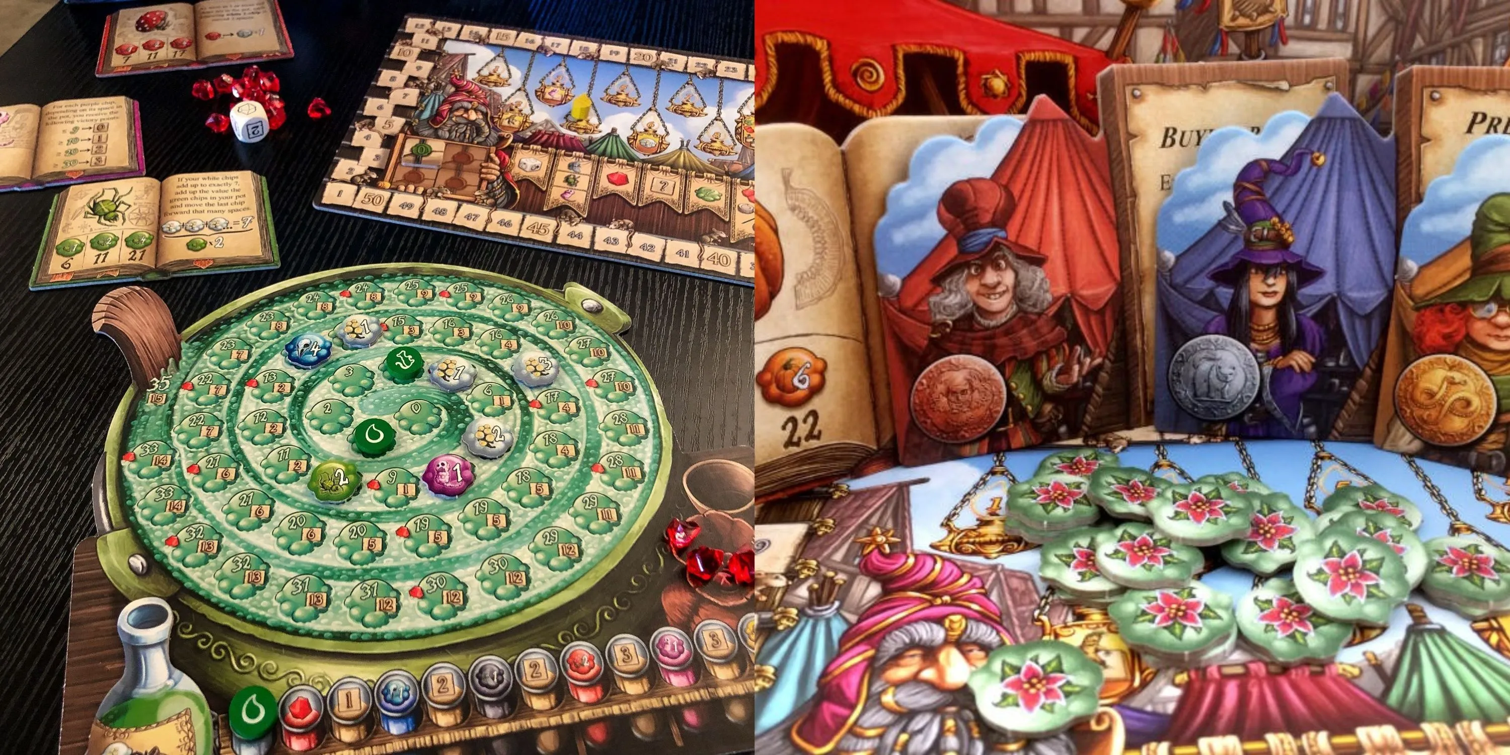 Hai ảnh cạnh nhau về game Quacks of Quedlinburg, hiển thị các chip nguyên liệu và nồi thuốc