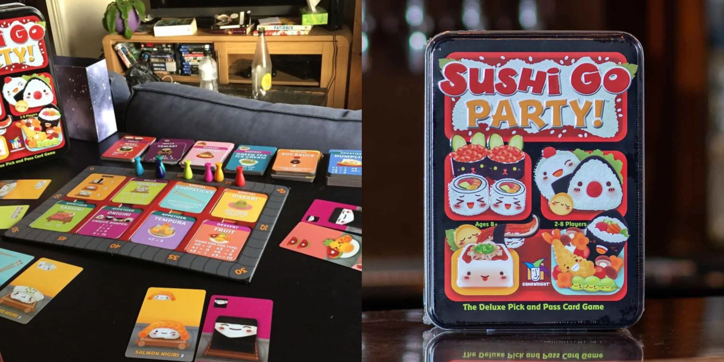 Hai ảnh cạnh nhau về game Sushi Go Party, minh họa các lá bài sushi và cách tính điểm