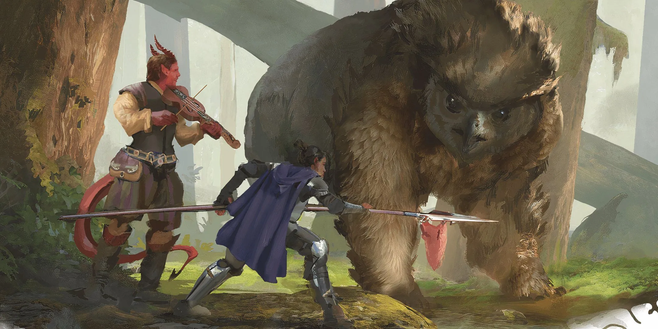 Hai nhà thám hiểm D&amp;D đang thương lượng với quái vật Owlbear, trong bối cảnh lương thực khan hiếm tăng thêm áp lực sinh tồn.