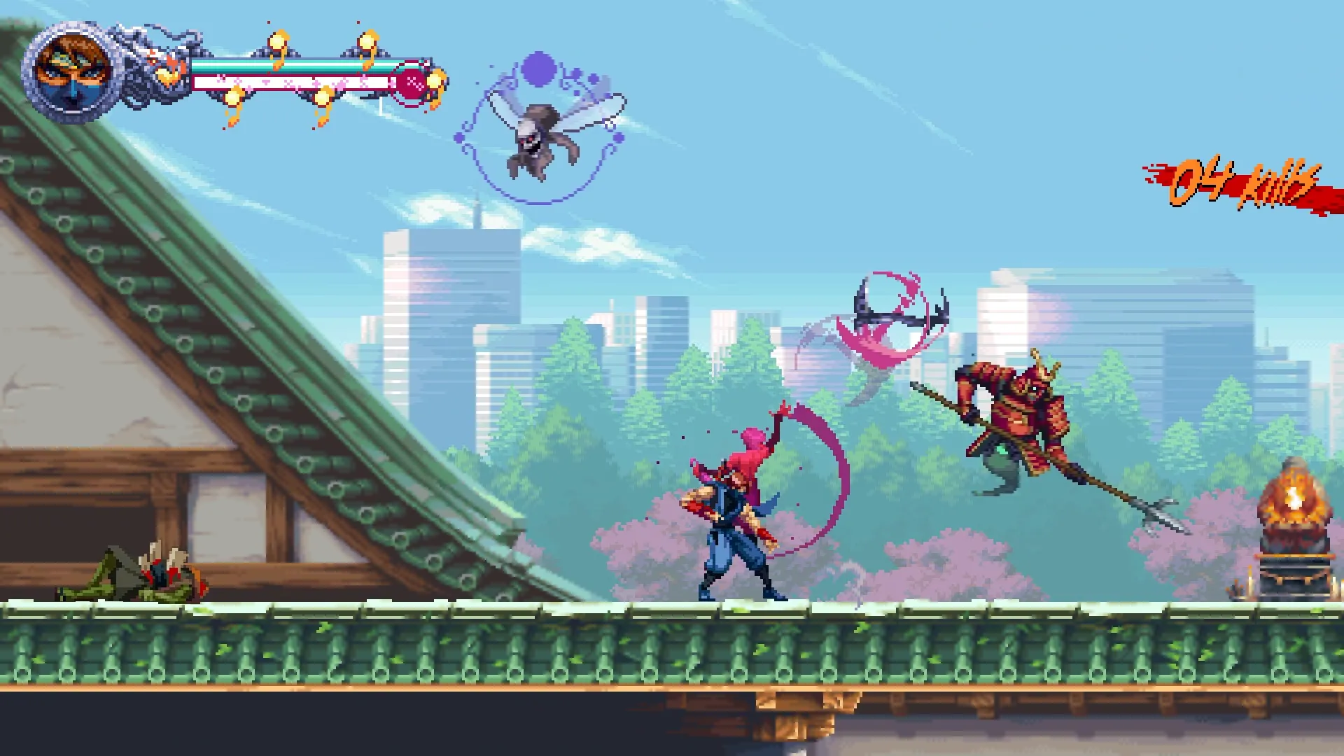 Hai nhân vật Kenji và Kumori cùng chiến đấu trong bối cảnh u tối của Ninja Gaiden: Ragebound