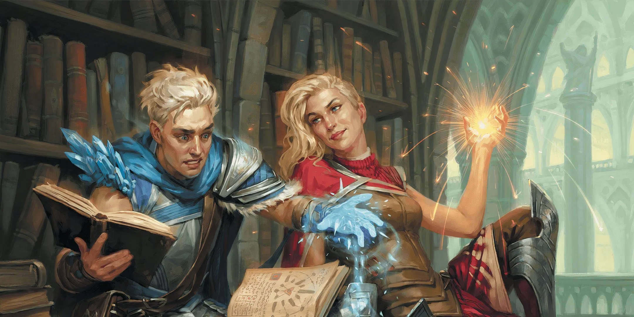 Hai sinh viên của Strixhaven đang cùng nhau học tập, minh họa cho việc hợp tác trong Dungeons &amp; Dragons, đặc biệt khi tạo nhân vật.