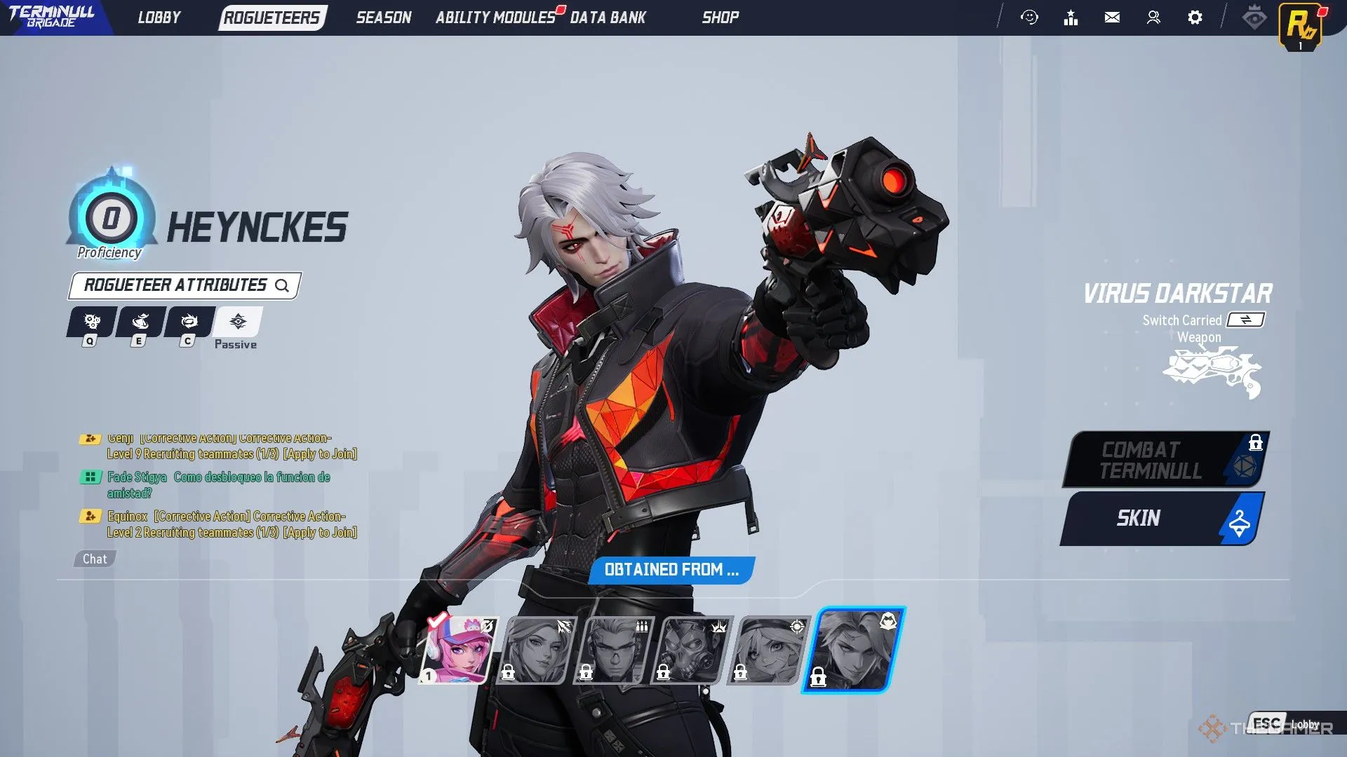 Heynckes trong giao diện chọn nhân vật Rogueteer của game Terminull Brigade, thể hiện kỹ năng sát thương cao.