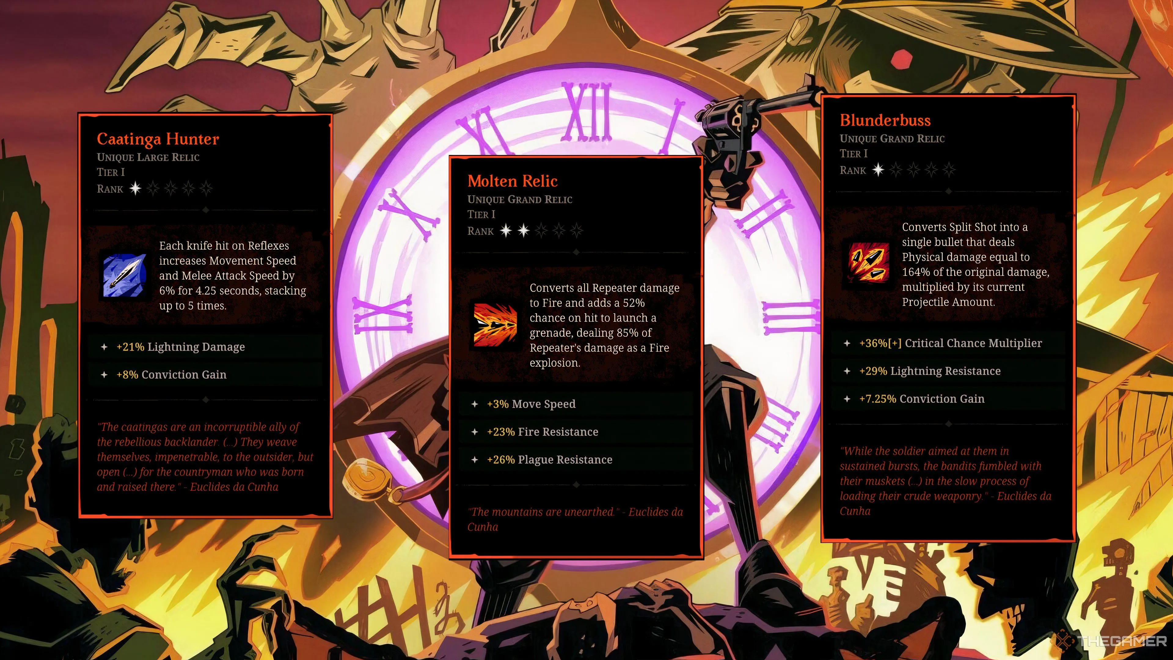 Hình ảnh các Relic Hạng A như Caatinga Hunter, Molten Relic và Blunderbuss trong giao diện Hell Clock.