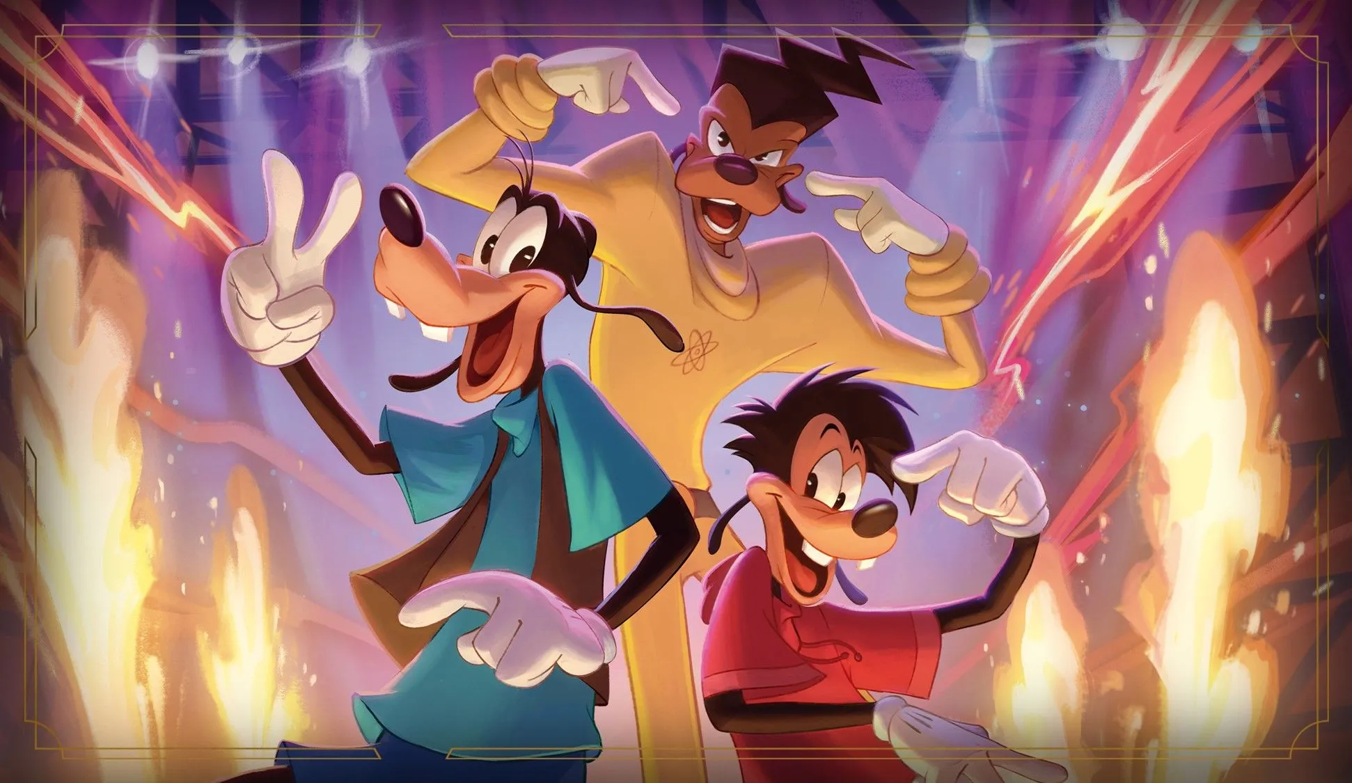 Hình ảnh quảng bá A Goofy Movie cho Disney Lorcana: Powerline trình diễn trên sân khấu rực rỡ.