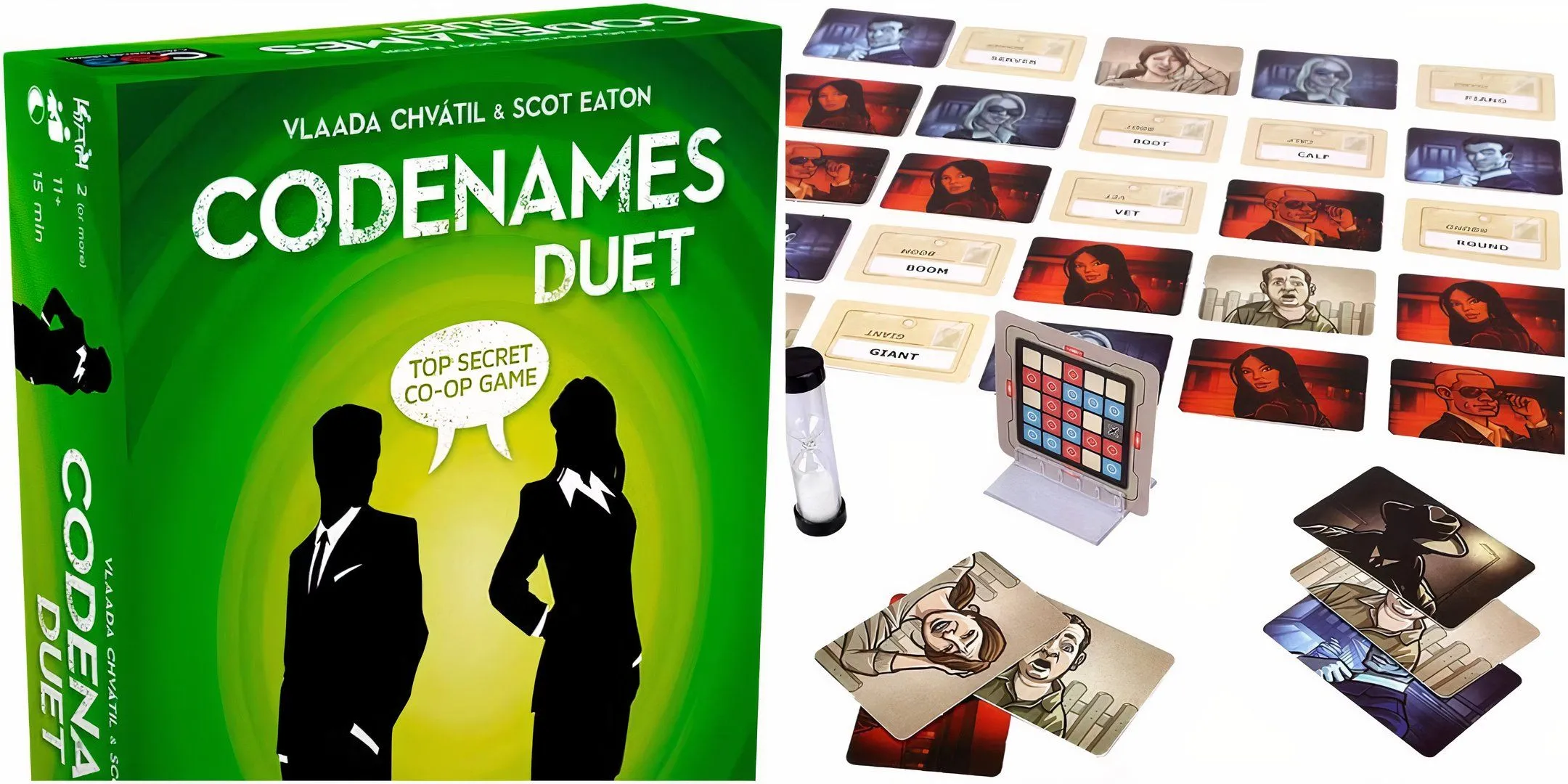 Hộp game Codenames Duet và bảng chơi với các từ mã được sắp xếp trên đó.