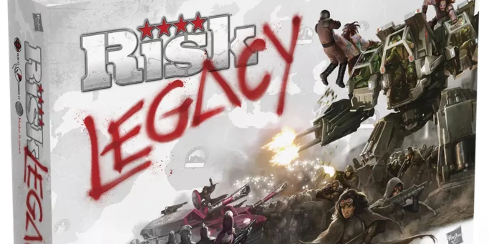 Hộp game Risk Legacy với hình ảnh robot chiến đấu và quân lính bị phá hủy