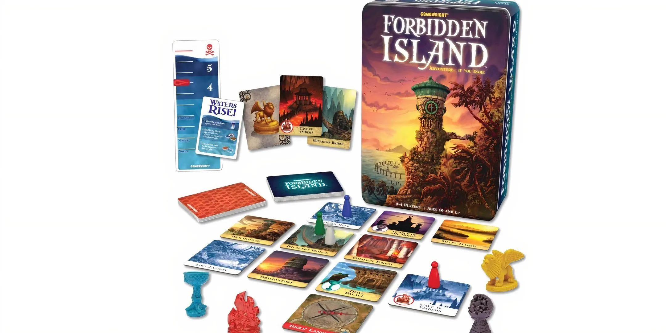 Hộp game và các mảnh ghép bàn chơi Forbidden Island trên hòn đảo chìm với các kho báu