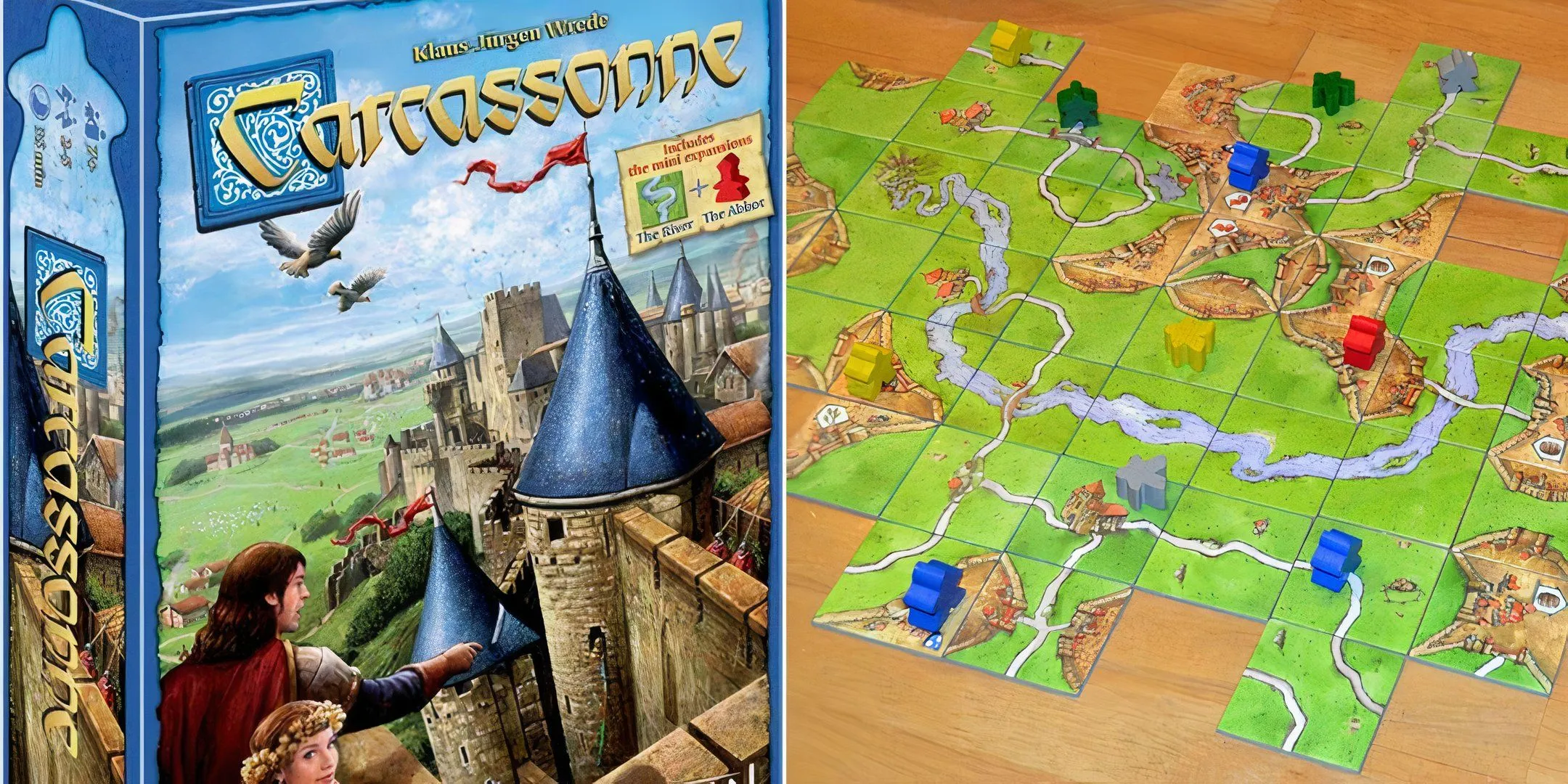 Hộp và bàn chơi Carcassonne mô tả vùng đất thời Trung cổ với các ô gạch và người gỗ