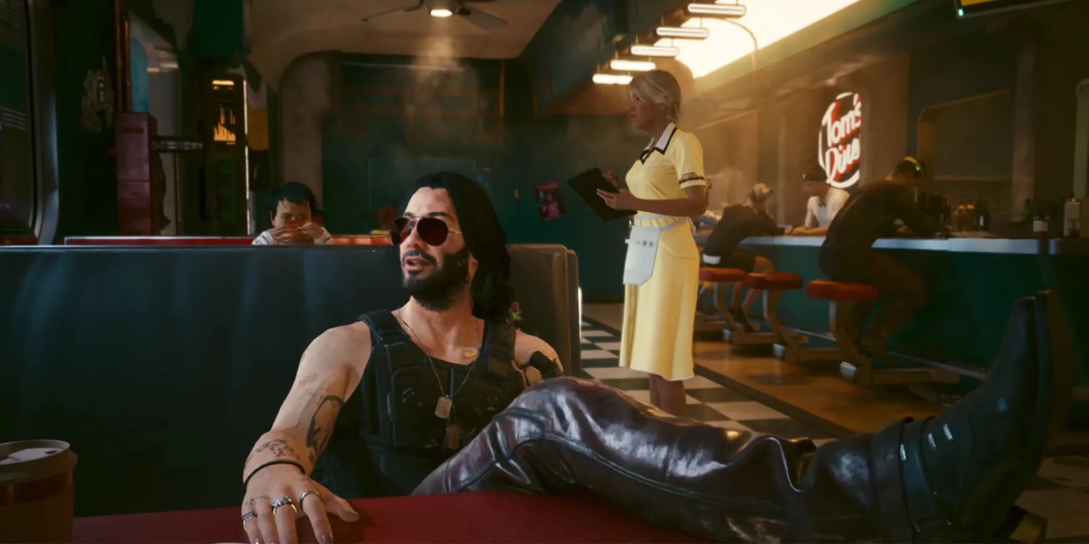 Johnny Silverhand trong quán ăn, minh họa đồ họa chất lượng của Cyberpunk 2077 trên Nintendo Switch 2.