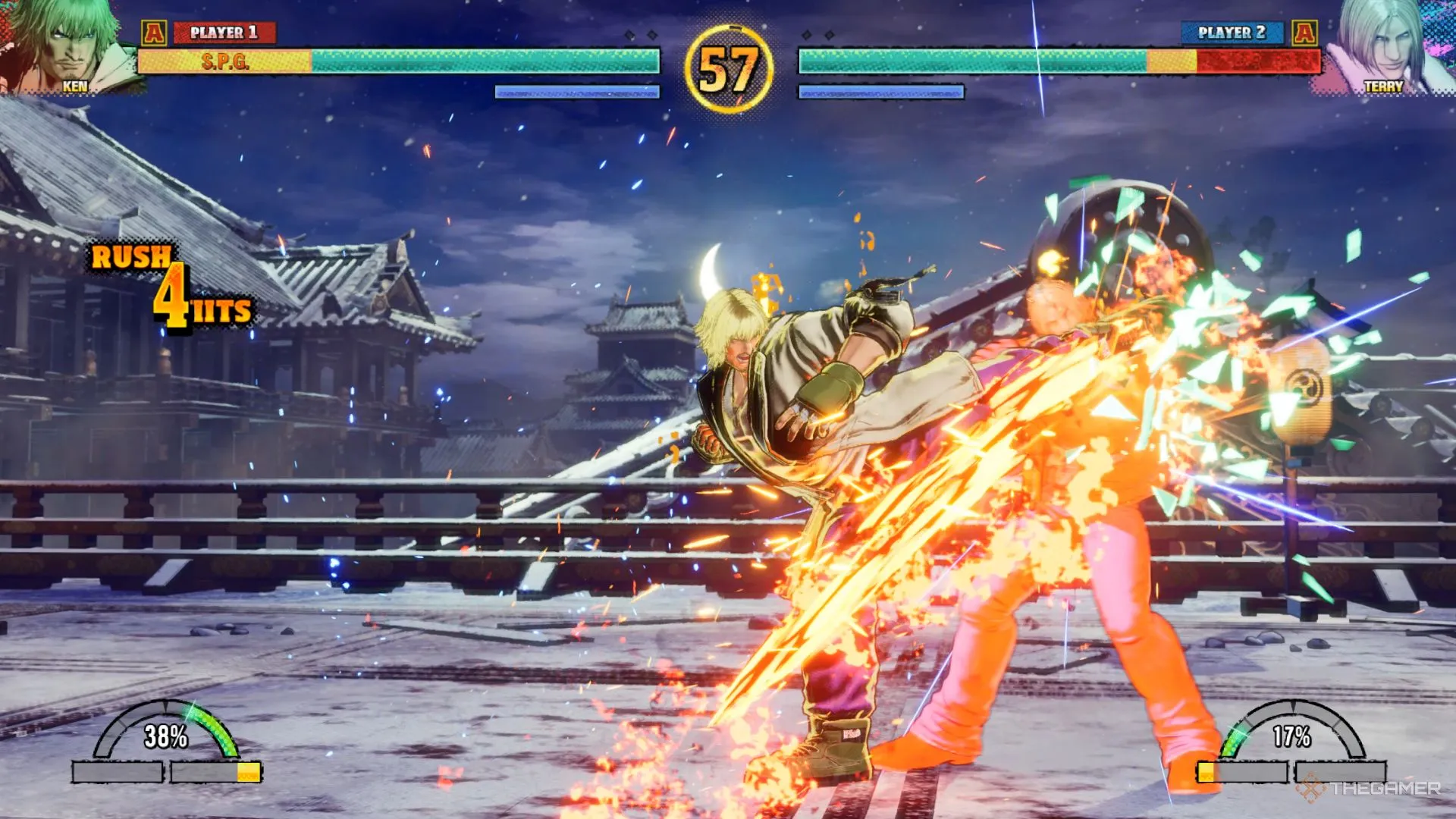Ken thực hiện đòn Jinrai Kick mạnh mẽ trong Fatal Fury City of the Wolves