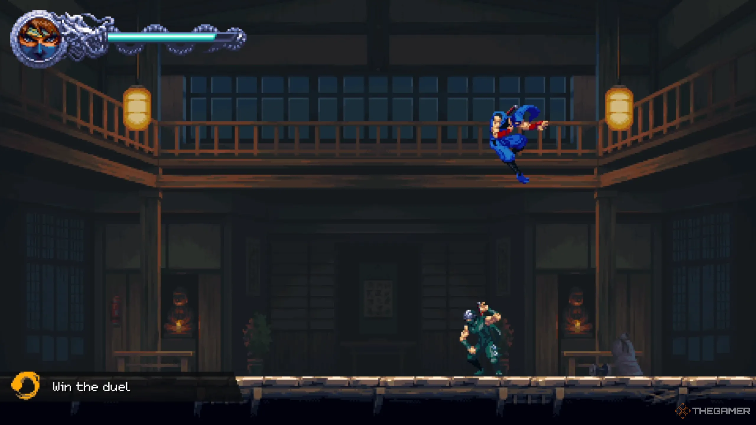 Kenji đứng trước Ryu sau khi đánh bại anh ta trong cuộc đấu tay đôi ở Ninja Gaiden Ragebound