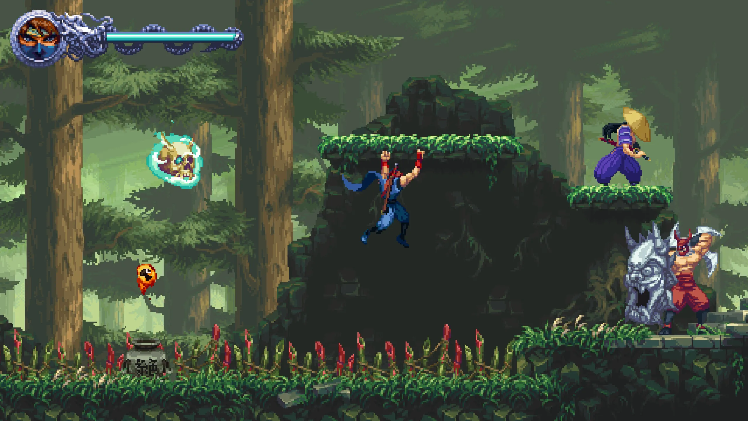 Kenji thực hiện một pha leo trèo kỹ thuật trong rừng rậm Ninja Gaiden: Ragebound