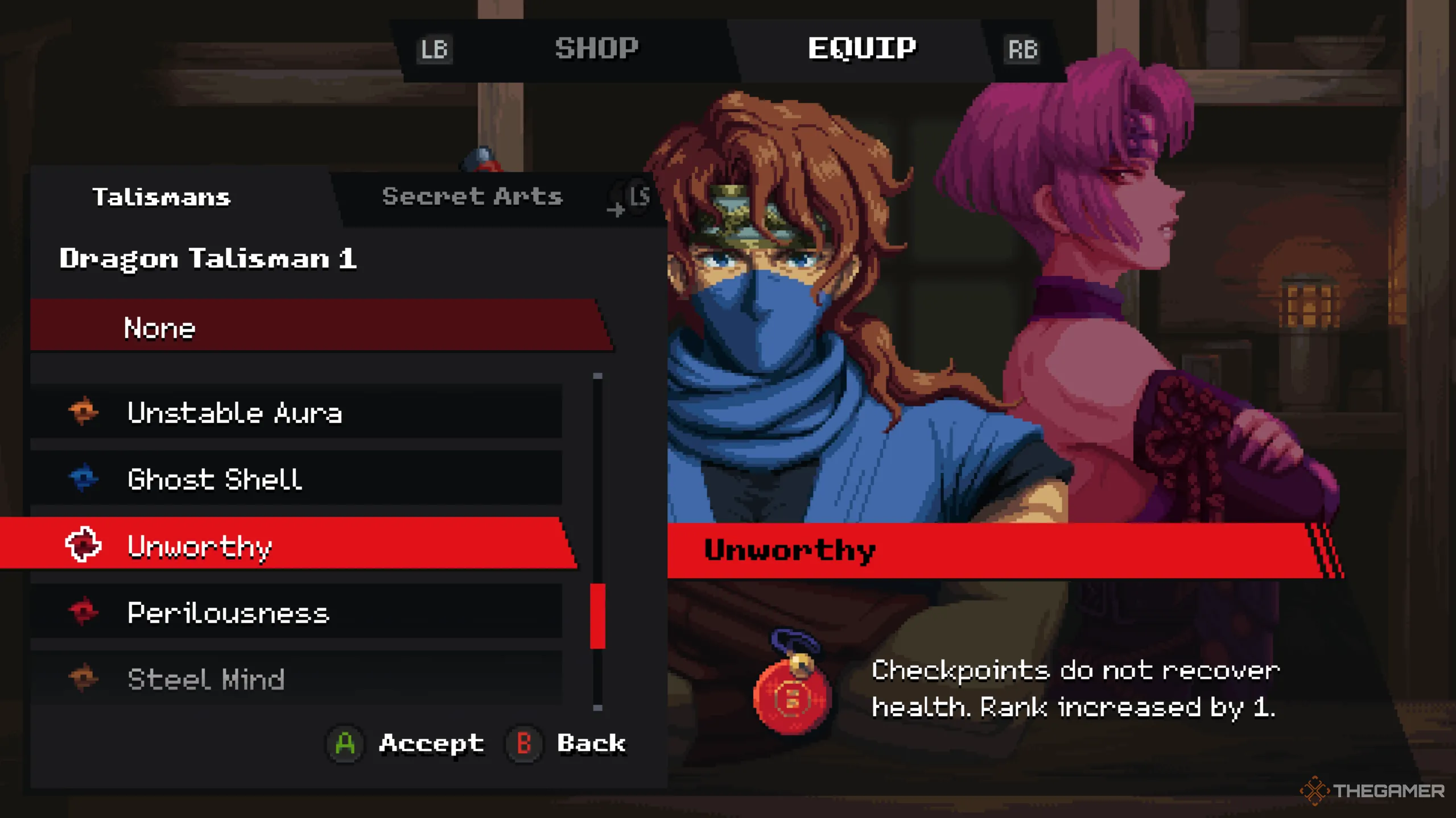 Kenji trang bị Bùa chú Unworthy tại Cửa hàng Muramasa trong Ninja Gaiden Ragebound