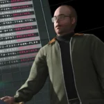 Lester Crest trong GTA Online đang tập trung sử dụng máy tính trước một màn hình lớn, biểu tượng của các hoạt động trực tuyến và giao tiếp trong game