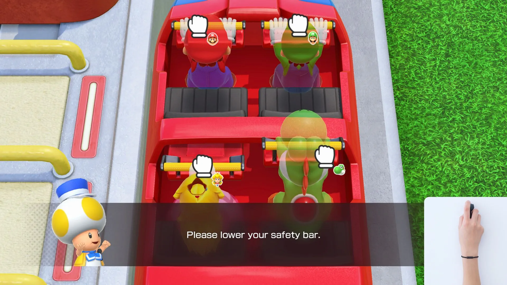 Minigame hợp tác Get a Grip trong Super Mario Party Jamboree, nơi hai người chơi điều khiển robot leo tường.
