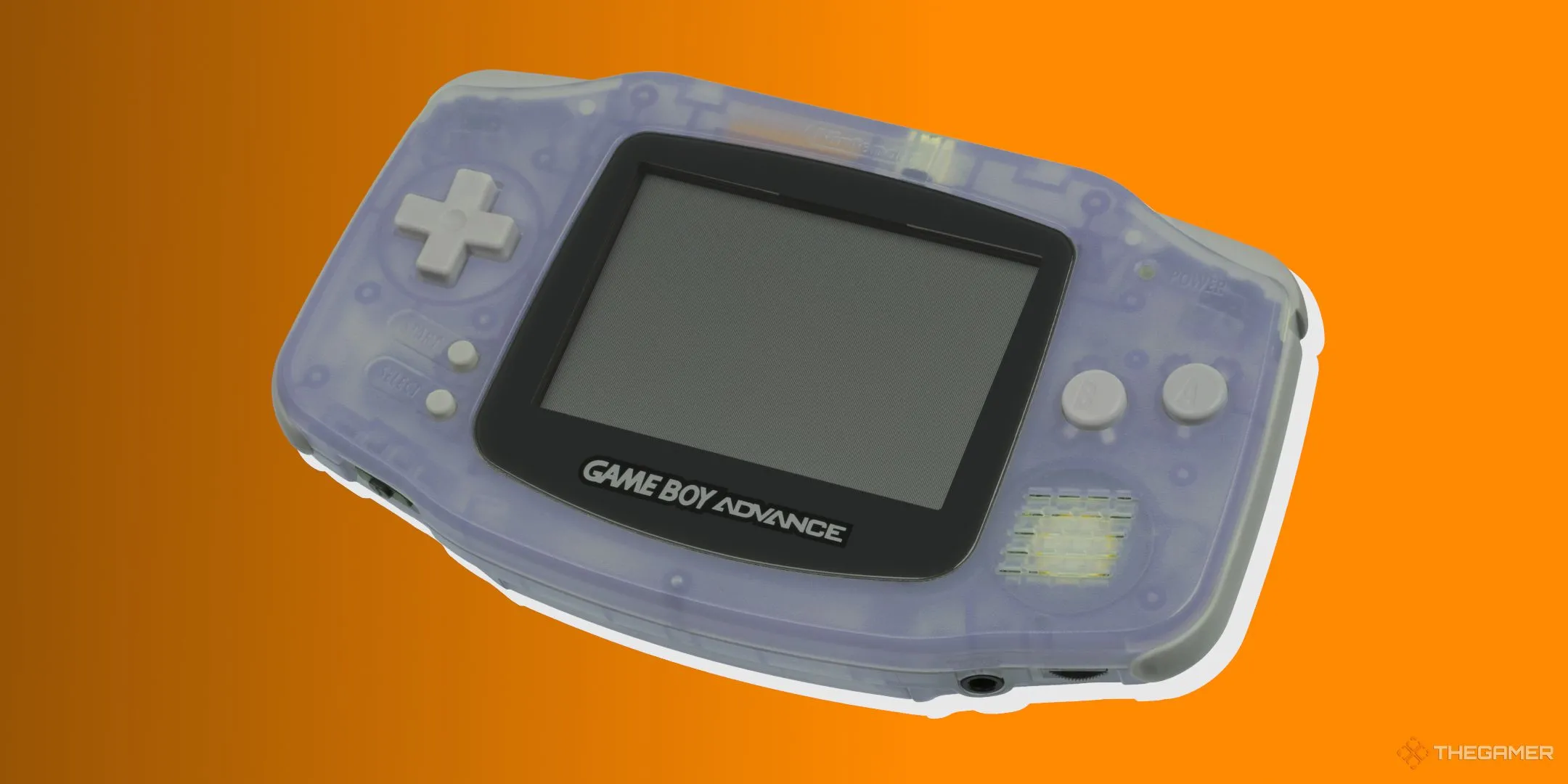 Mô hình Game Boy Advance Crystal trong suốt màu tím, hiển thị phần cứng bên trong máy, là một phiên bản đặc biệt và được yêu thích của dòng Game Boy Advance.