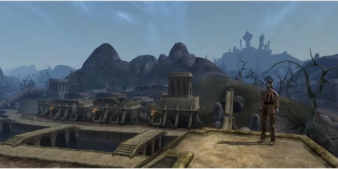 Một Dark Elf ngồi trên mái nhà ở Balmora trong Morrowind
