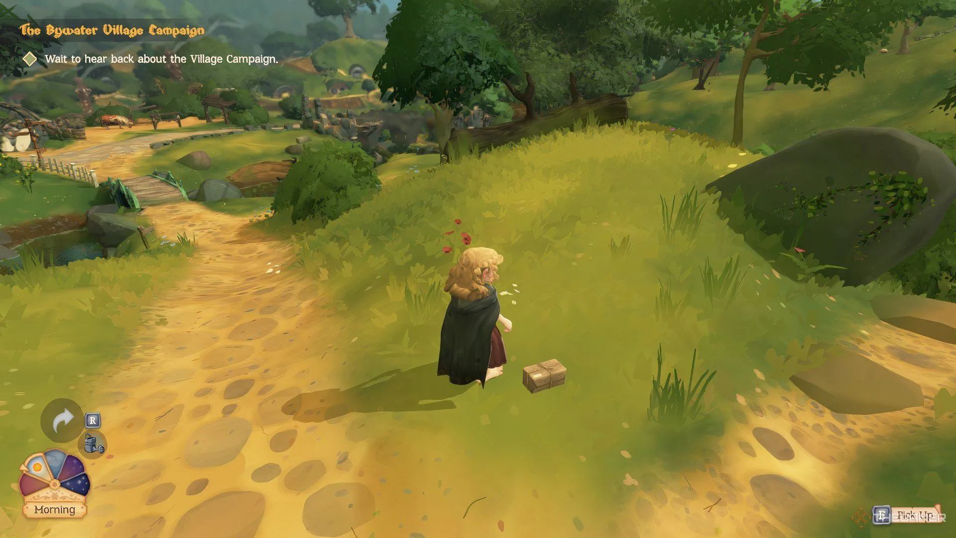 Một gói hàng thất lạc màu nâu nằm trên mặt đất trong Tales of the Shire, chờ được trả về chủ.