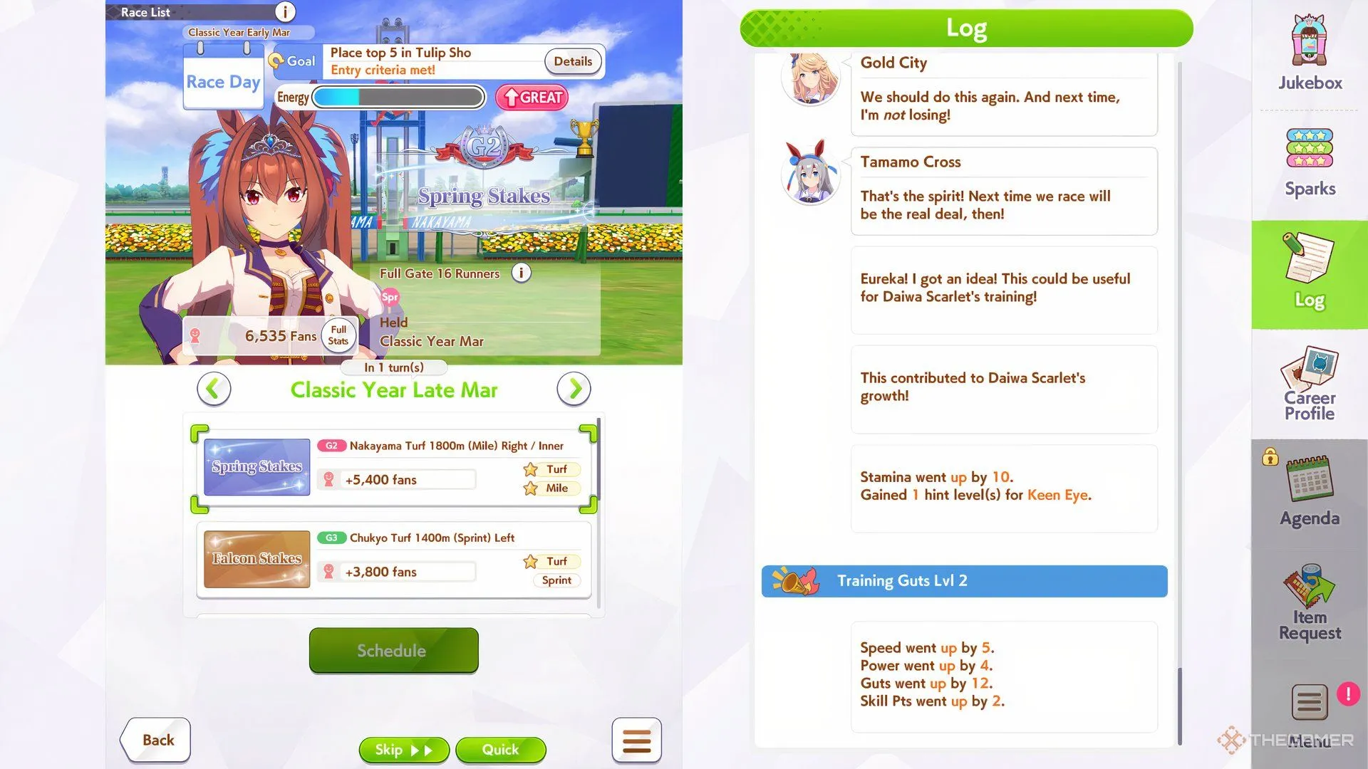 Một khoảnh khắc trong sự kiện Spring Stakes của Umamusume, hiển thị màn hình gameplay với thông tin kết quả và tiến trình của các nữ thần ngựa.
