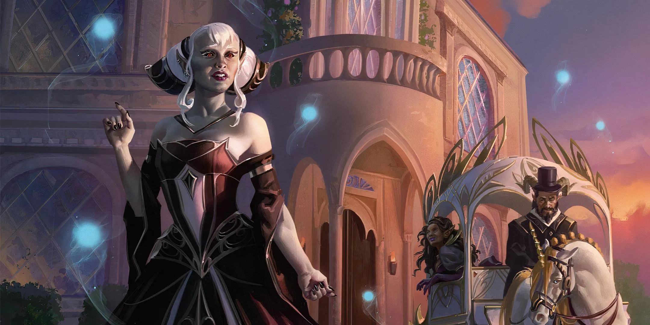 Một nữ chủ nhà tại dinh thự Feywild trong Dungeons &amp; Dragons đang chào đón những vị khách đến dự tiệc.