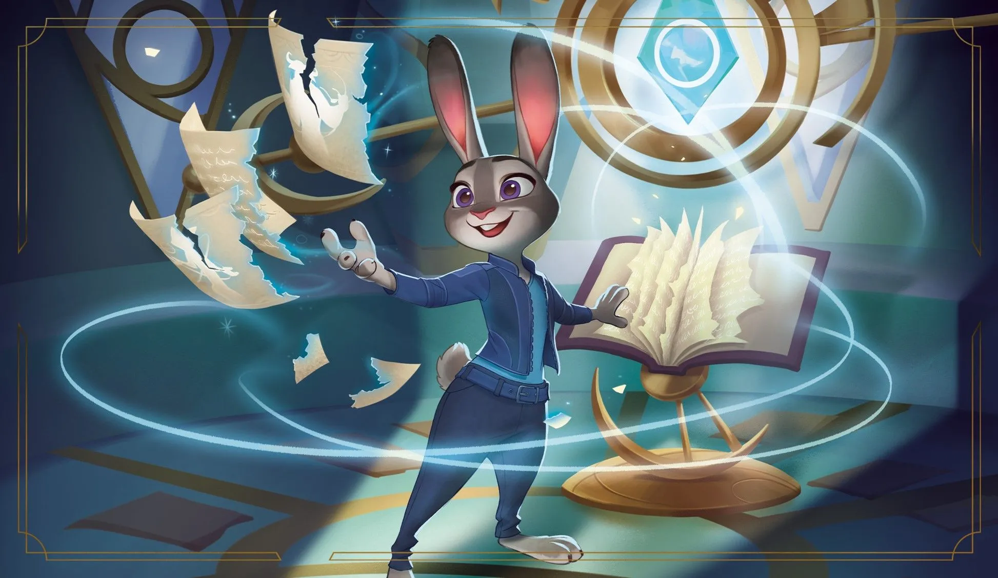 Nghệ thuật quảng bá Zootopia trong Disney Lorcana Whispers in the Well: Judy Hopps và Nick Wilde trong trang phục thám tử.