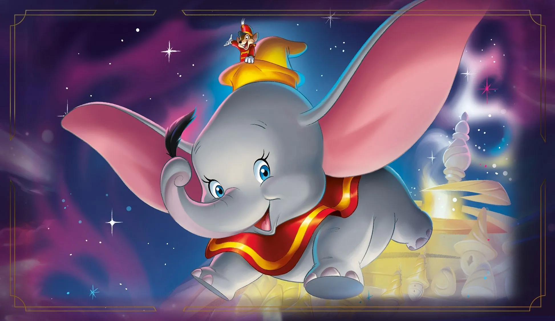 Nghệ thuật tiếp thị Dumbo trong Disney Lorcana Fabled: Dumbo bay lượn cùng Timothy Q. Mouse trên nền trời xanh.