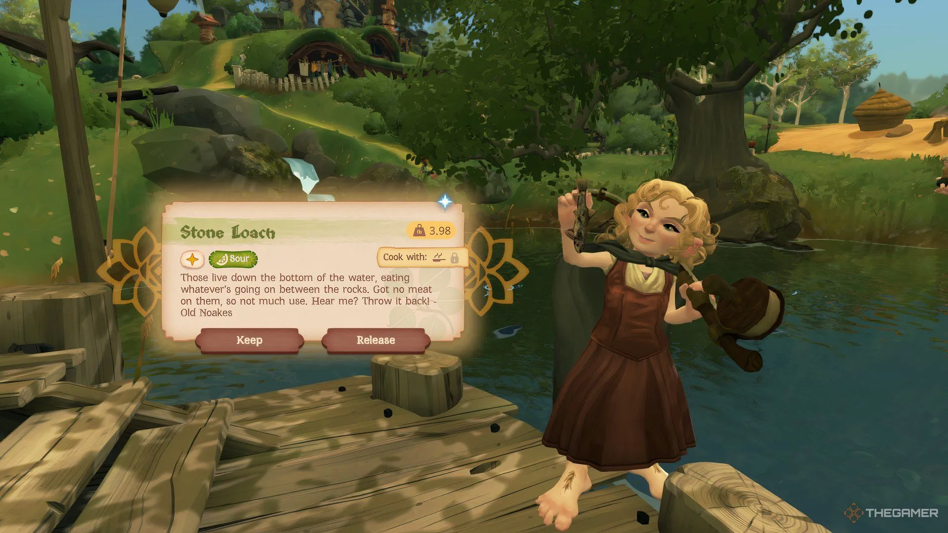 Người chơi câu được cá Stone Loach, minh họa việc bán cá để kiếm tiền thay vì rau củ trong Tales of the Shire.
