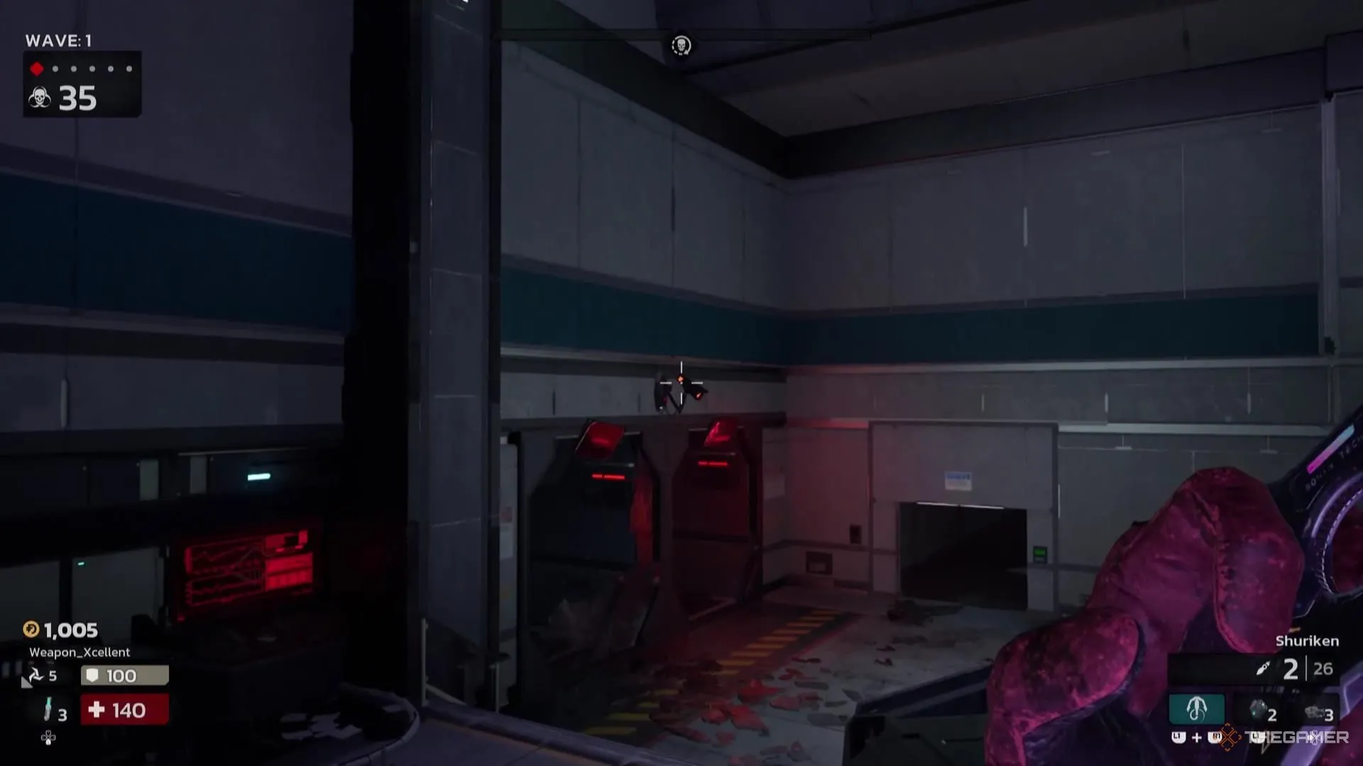 Người chơi đang nhắm bắn vào một chiếc camera giám sát trong Killing Floor 3 để thu thập tài nguyên quý giá.