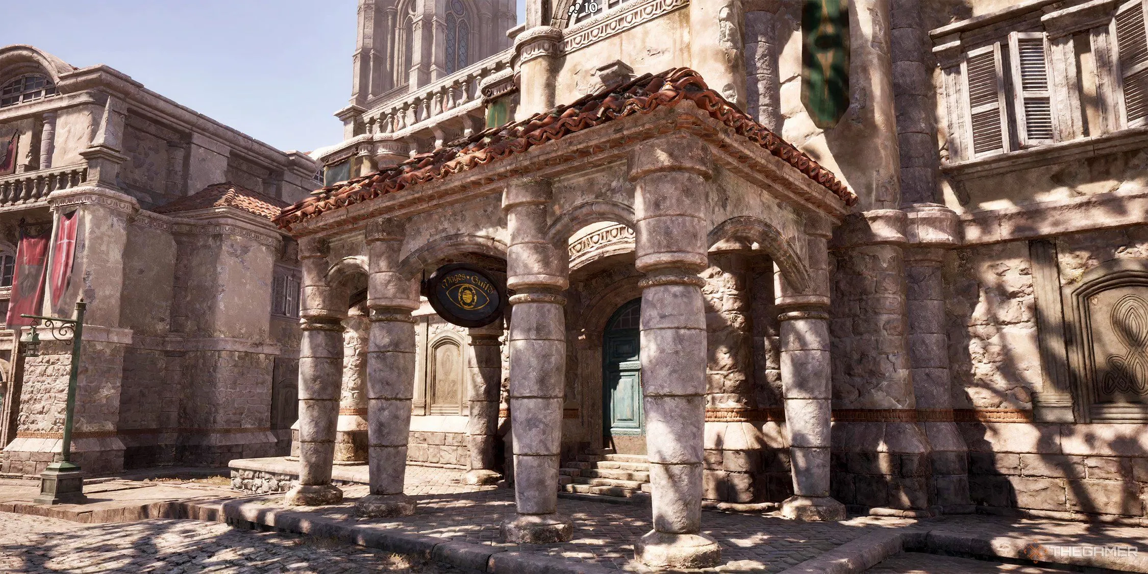 Người chơi đứng trước Hội Pháp Sư (Mage's Guild) ở Anvil, Oblivion