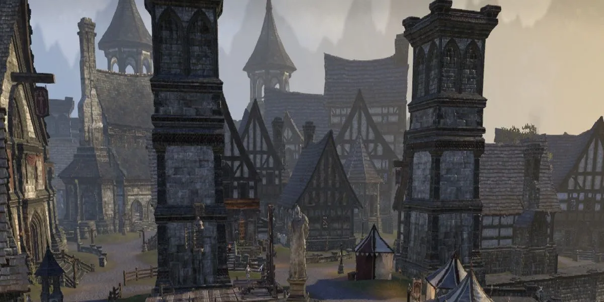 Người chơi nhìn ngắm thành phố Wayrest trong Daggerfall