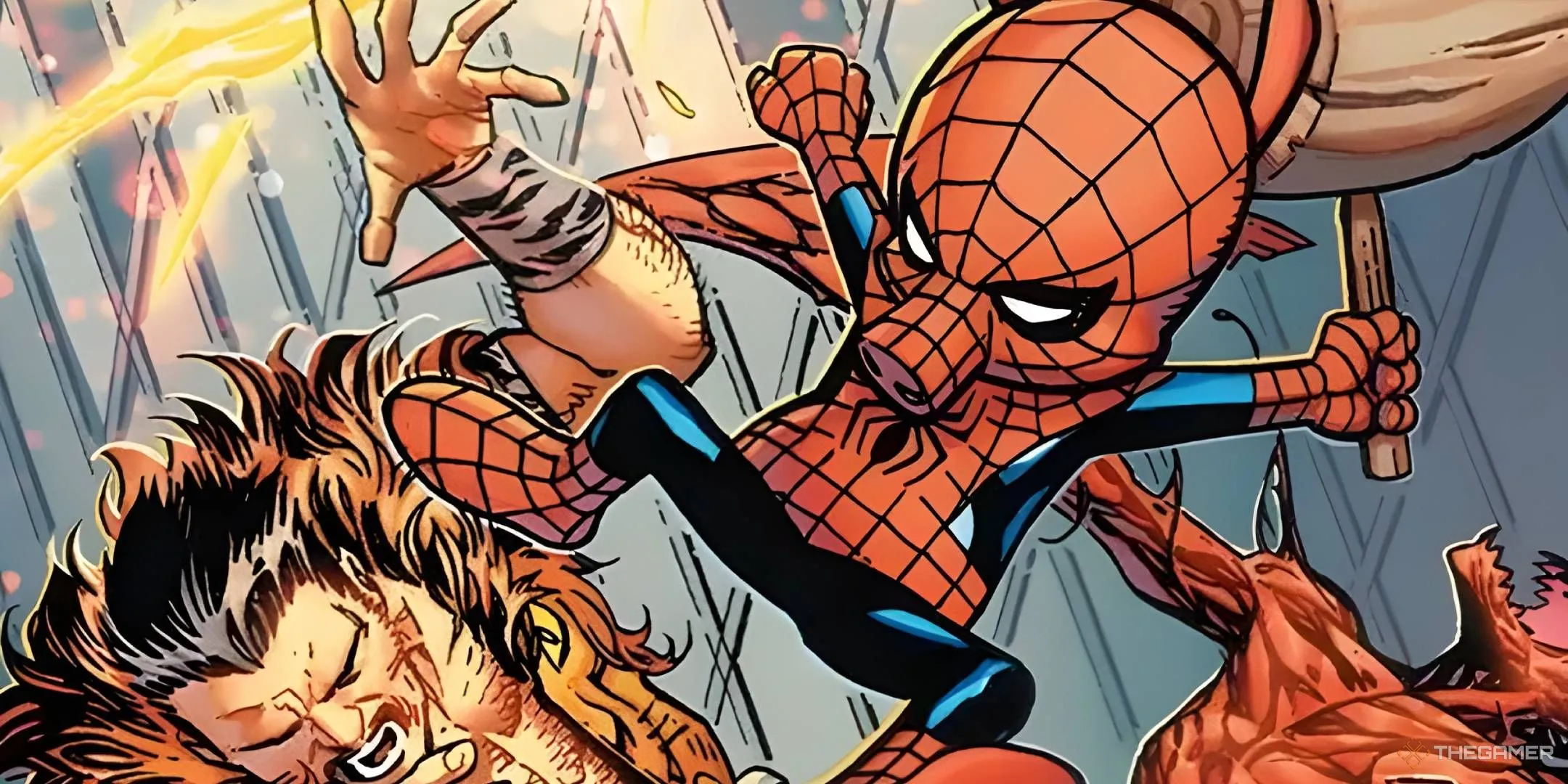 Người nhện Heo Spider-Ham Peter Porker đá Kraven Thợ Săn với cây búa trong bộ truyện tranh Marvel