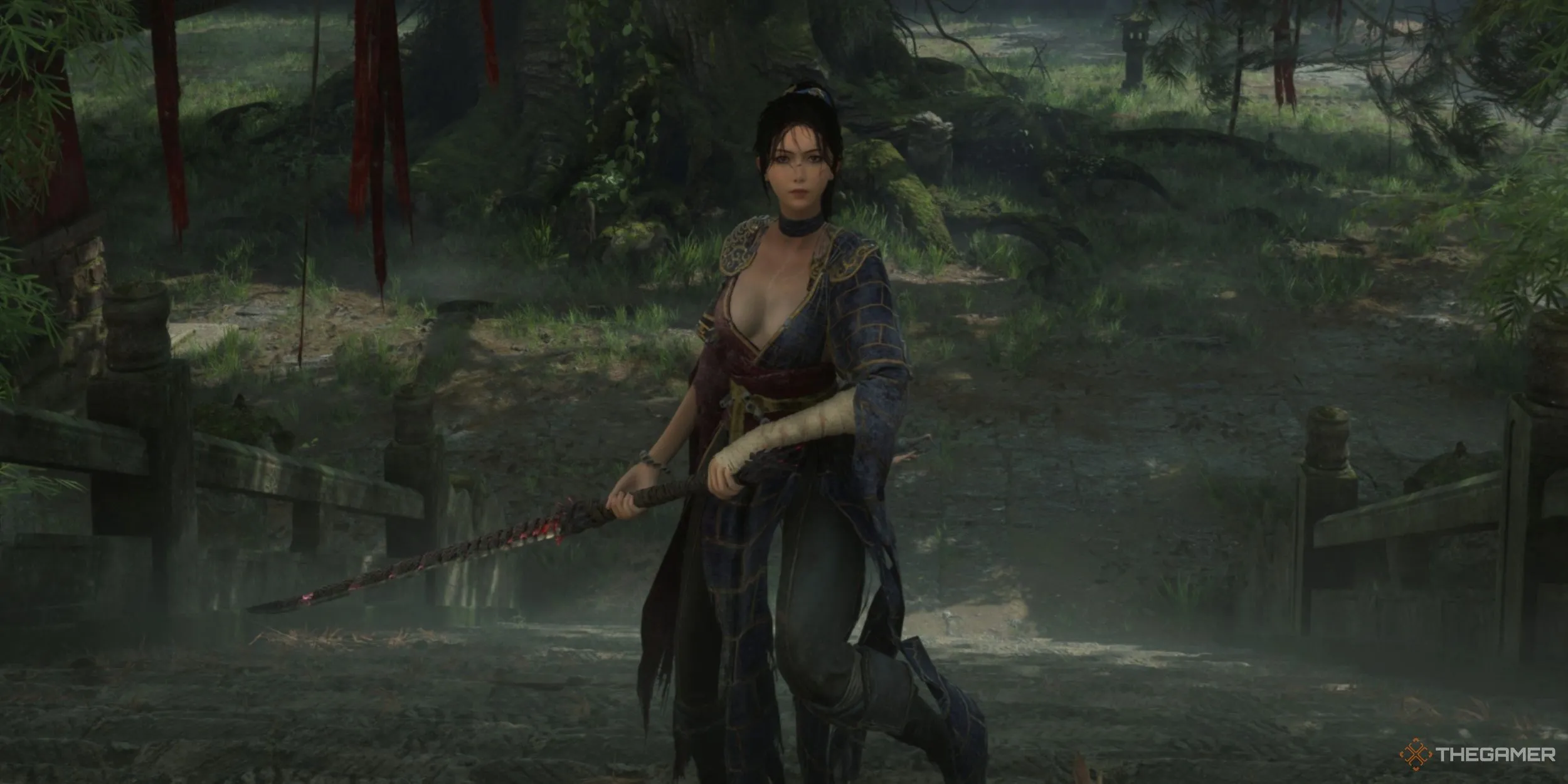 Nhân vật Bai Wuchang trong game Wuchang Fallen Feathers đang sử dụng vũ khí Longsword, một loại vũ khí tầm xa gây sát thương lớn.
