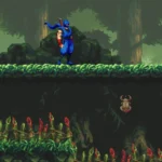 Nhân vật Kenji trong Ninja Gaiden: Ragebound đứng cạnh một Golden Scarab sáng rực, minh họa vật phẩm quý giá cần thu thập.