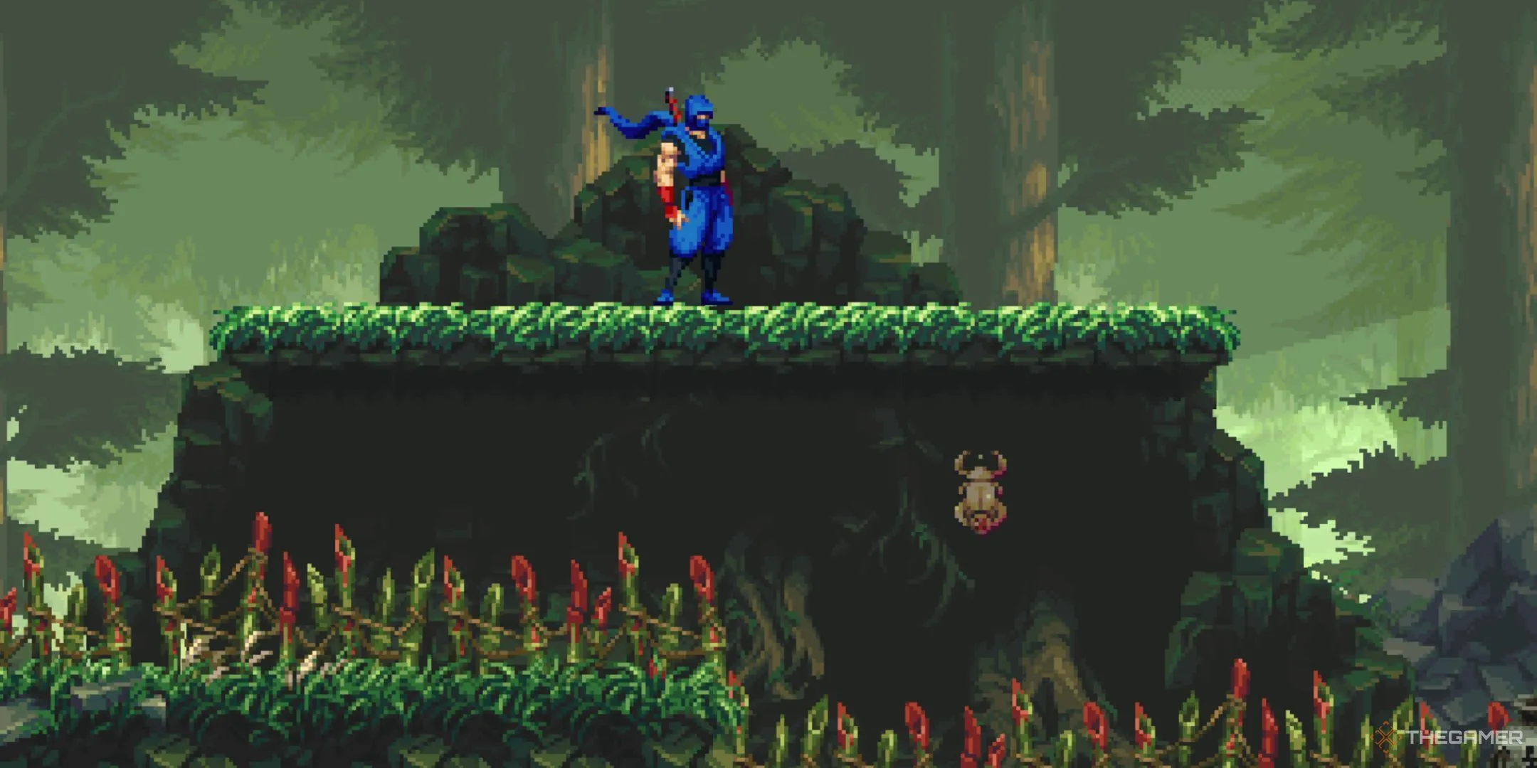 Nhân vật Kenji trong Ninja Gaiden: Ragebound đứng cạnh một Golden Scarab sáng rực, minh họa vật phẩm quý giá cần thu thập.