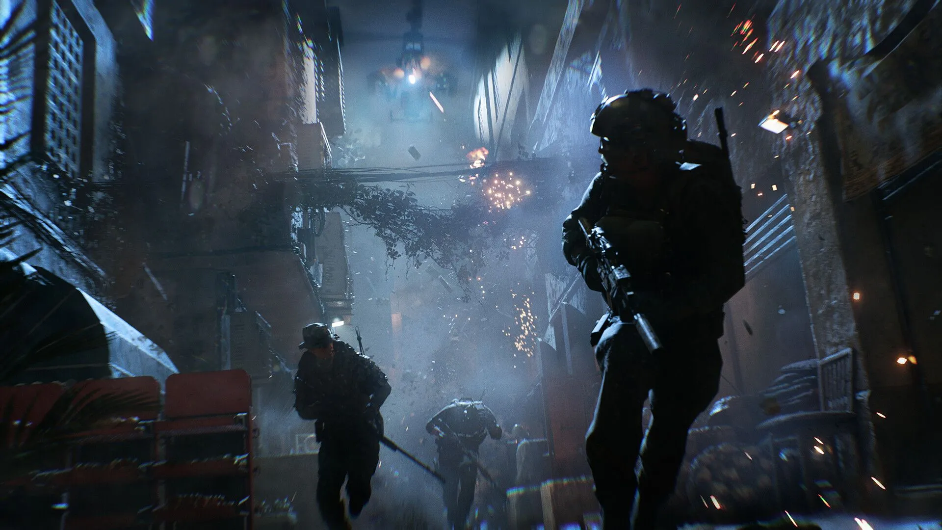 Nhóm binh sĩ thoát khỏi cuộc truy đuổi của trực thăng chiến đấu trong Battlefield 6, thể hiện sự hỗn loạn của chiến trường.