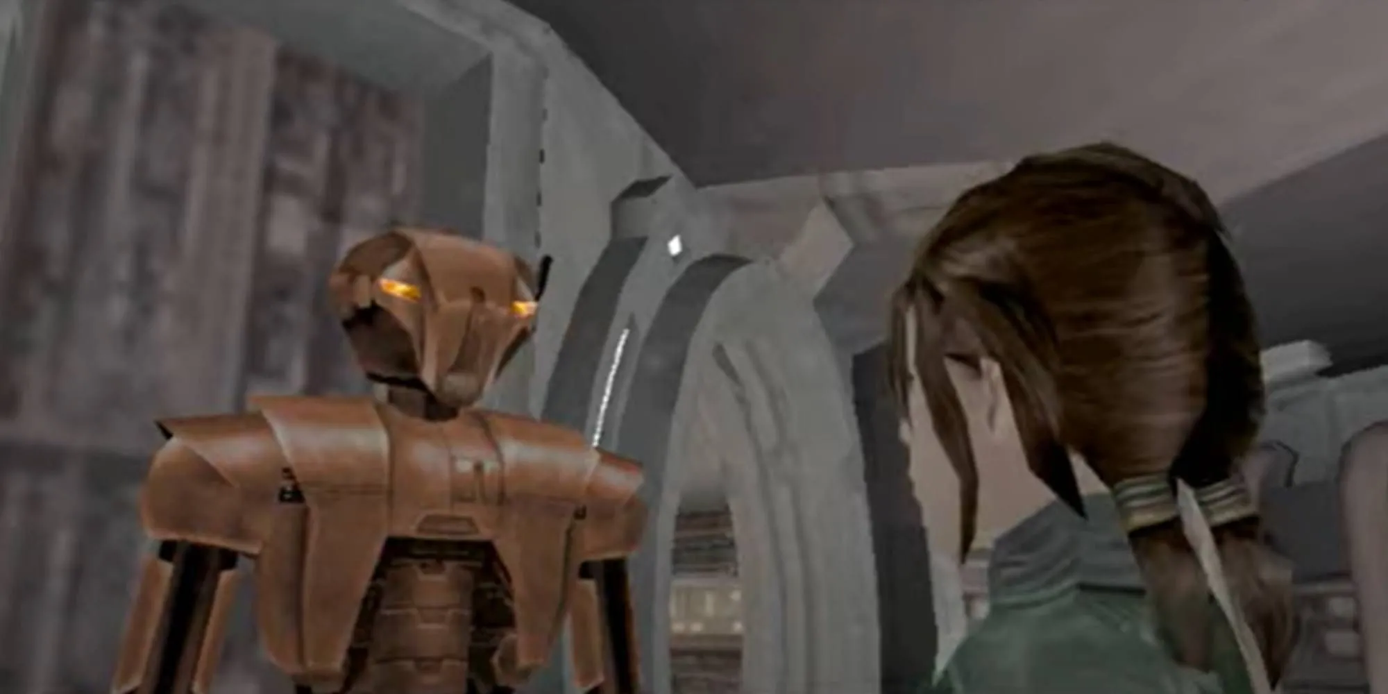 Robot sát thủ HK-47 nói chuyện với Exile trong Knights of the Old Republic 2, biểu tượng của sự tàn nhẫn hài hước.