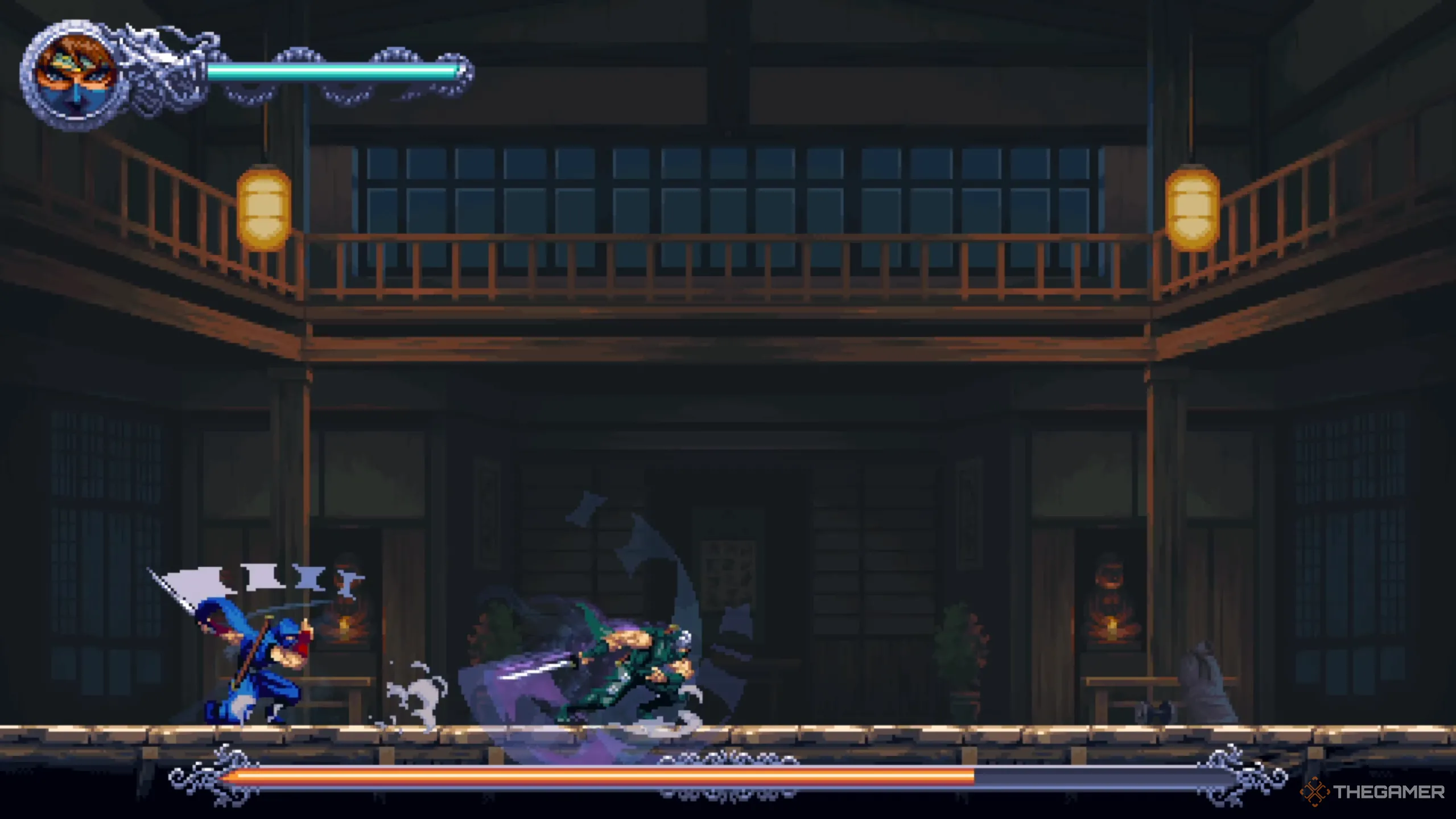 Ryu Hayabusa thực hiện đòn chém ba nhát liên hoàn, một trong những chiêu thức khó chịu của anh ta trong Ninja Gaiden Ragebound
