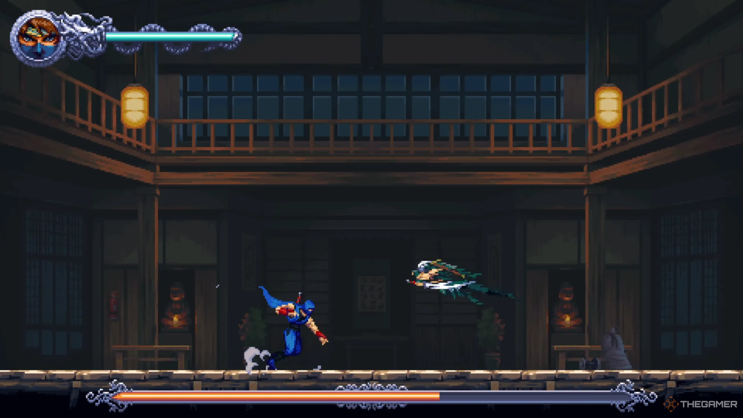 Ryu thực hiện chiêu Flying Swallow thần tốc về phía Kenji trong Ninja Gaiden Ragebound, biến mất và xuất hiện đột ngột