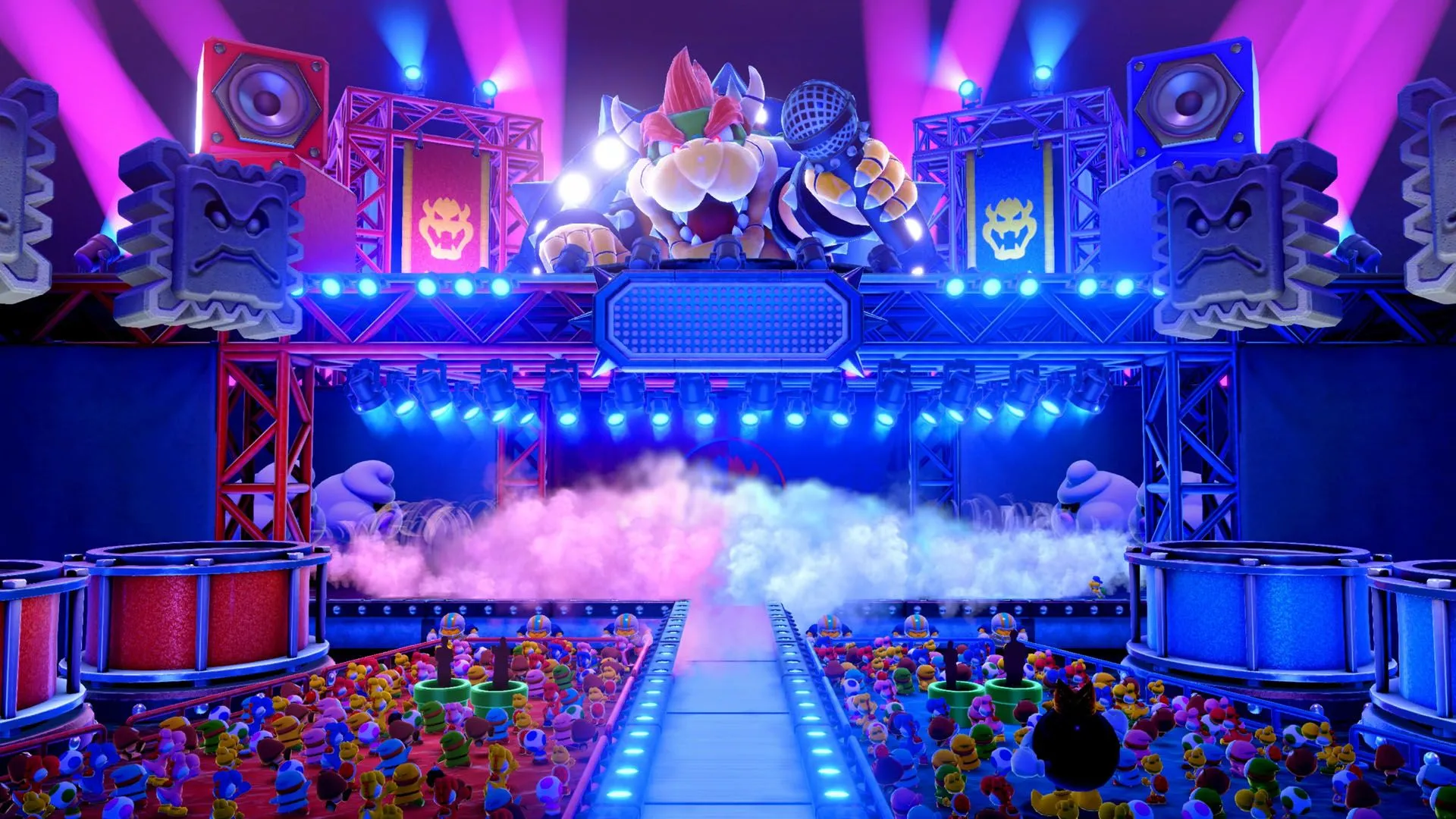 Sân khấu Bowser Live rực rỡ trong Super Mario Party Jamboree Nintendo Switch 2 Edition, nơi game thủ đối đầu kịch tính.