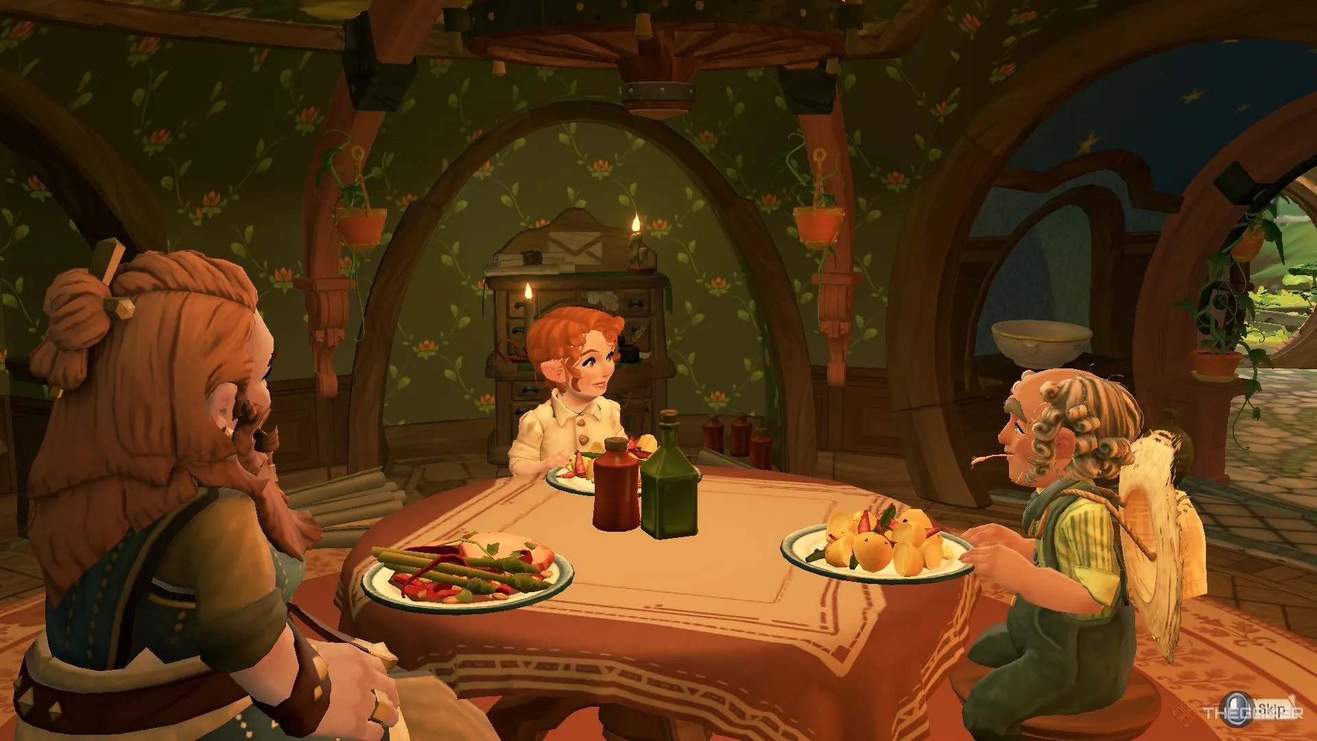 Tales of the Shire: Cảnh Hobbit và người lùn cùng chia sẻ bữa ăn ấm cúng, thể hiện cơ chế kết bạn và tăng tình bạn qua ẩm thực.