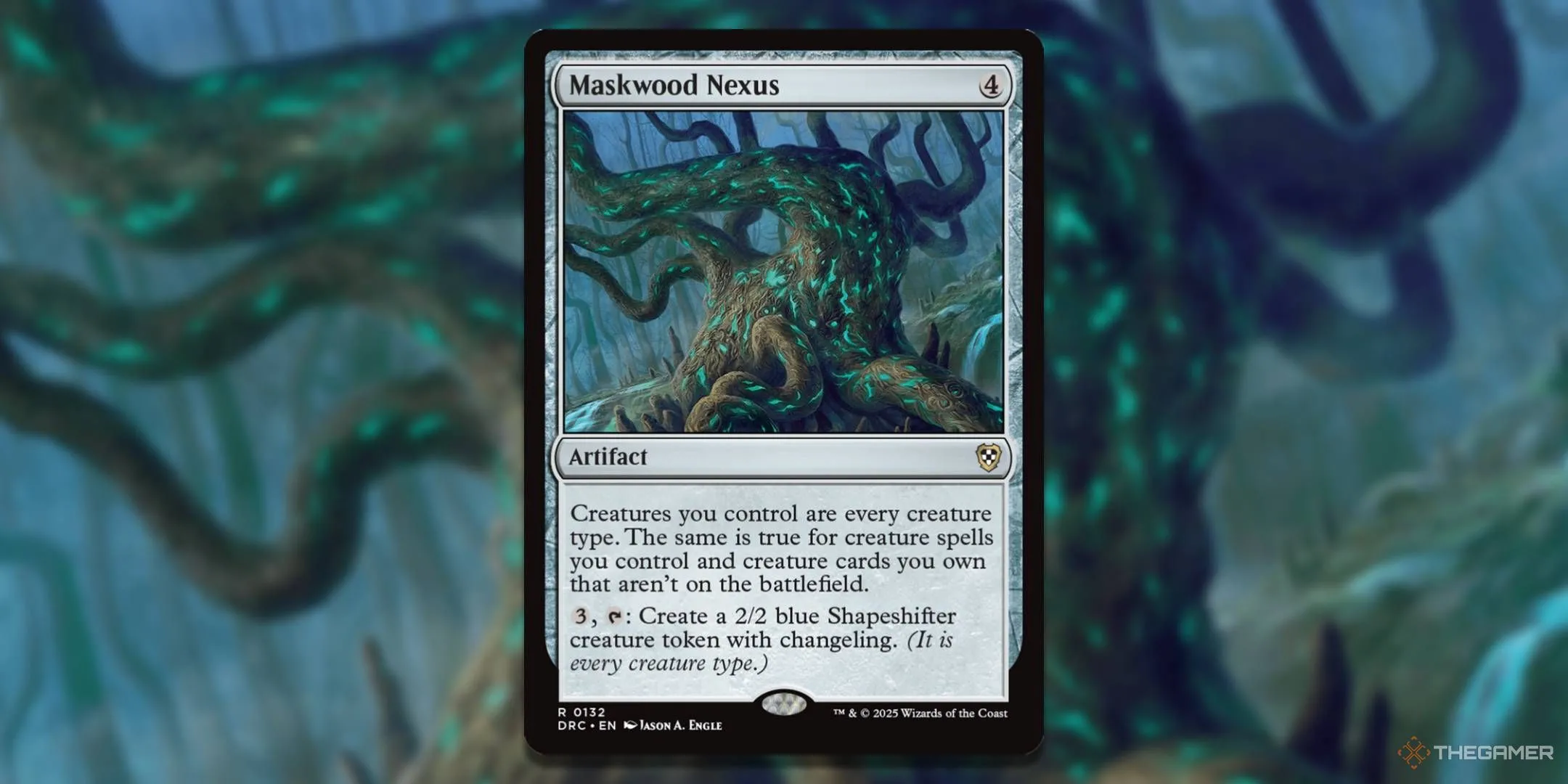 Thẻ bài MTG Maskwood Nexus với hình ảnh minh họa trên nền