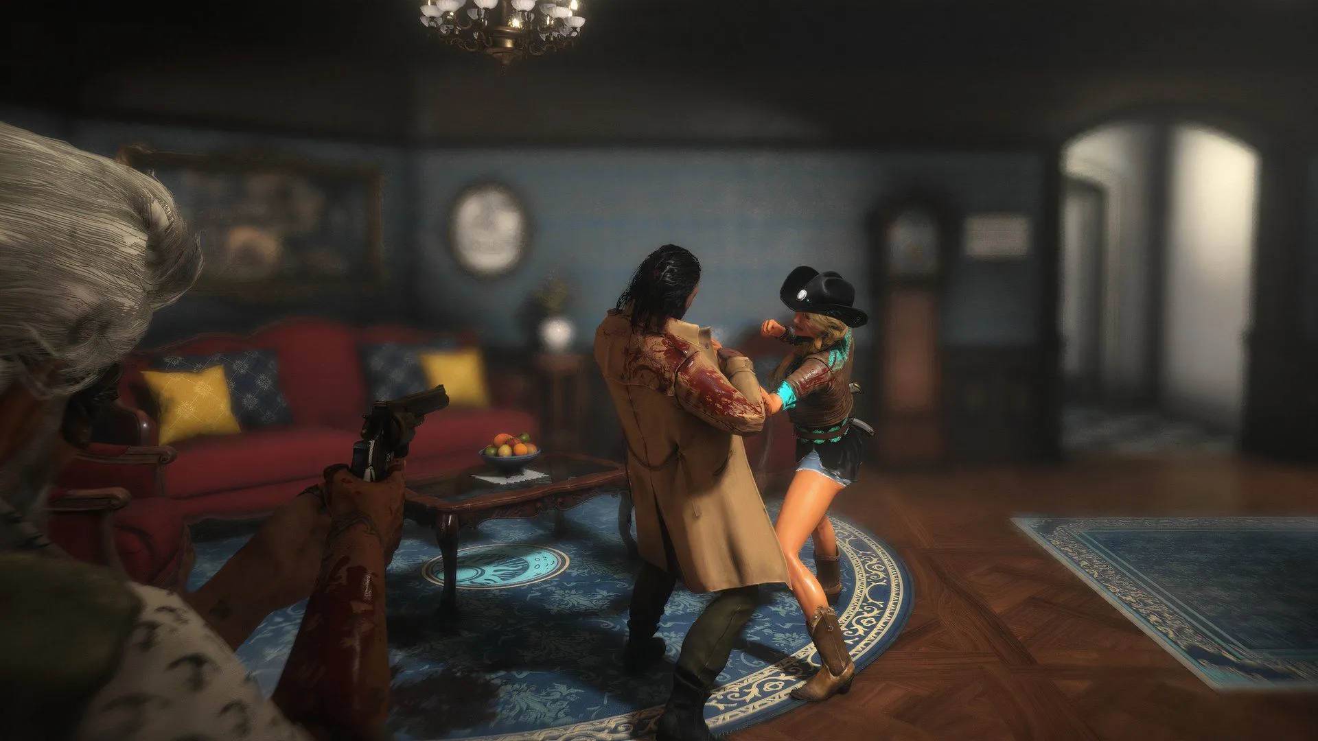 Toàn cảnh sảnh khách sạn ma mị trong game Killer Inn, nơi những cuộc săn lùng và suy luận kịch tính diễn ra.