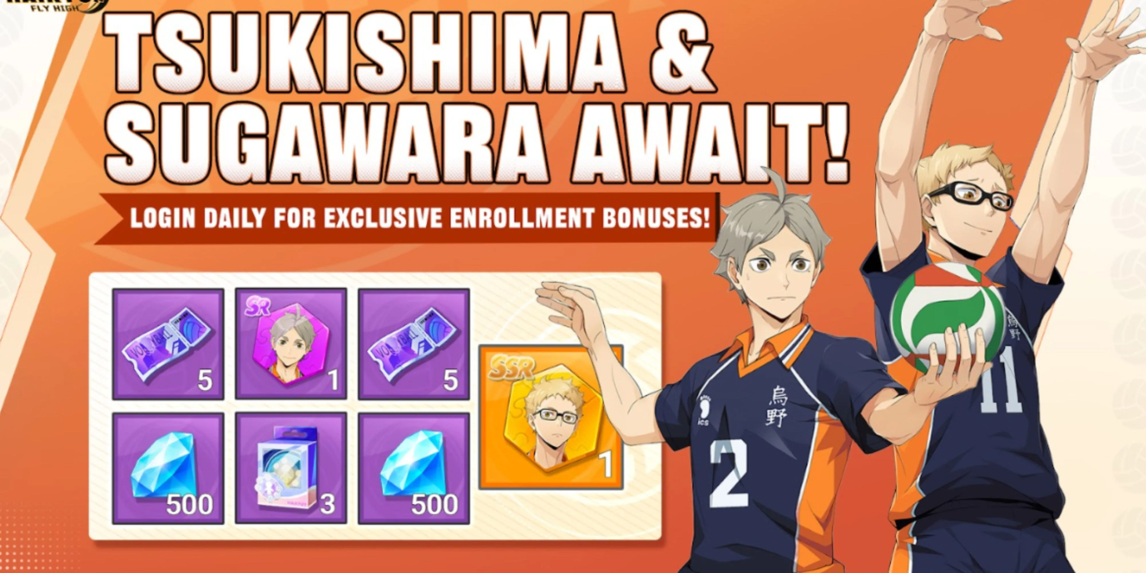 Tsukishima và Sugawara trong game Haikyuu Fly High, đại diện cho dàn nhân vật được lồng tiếng gốc.