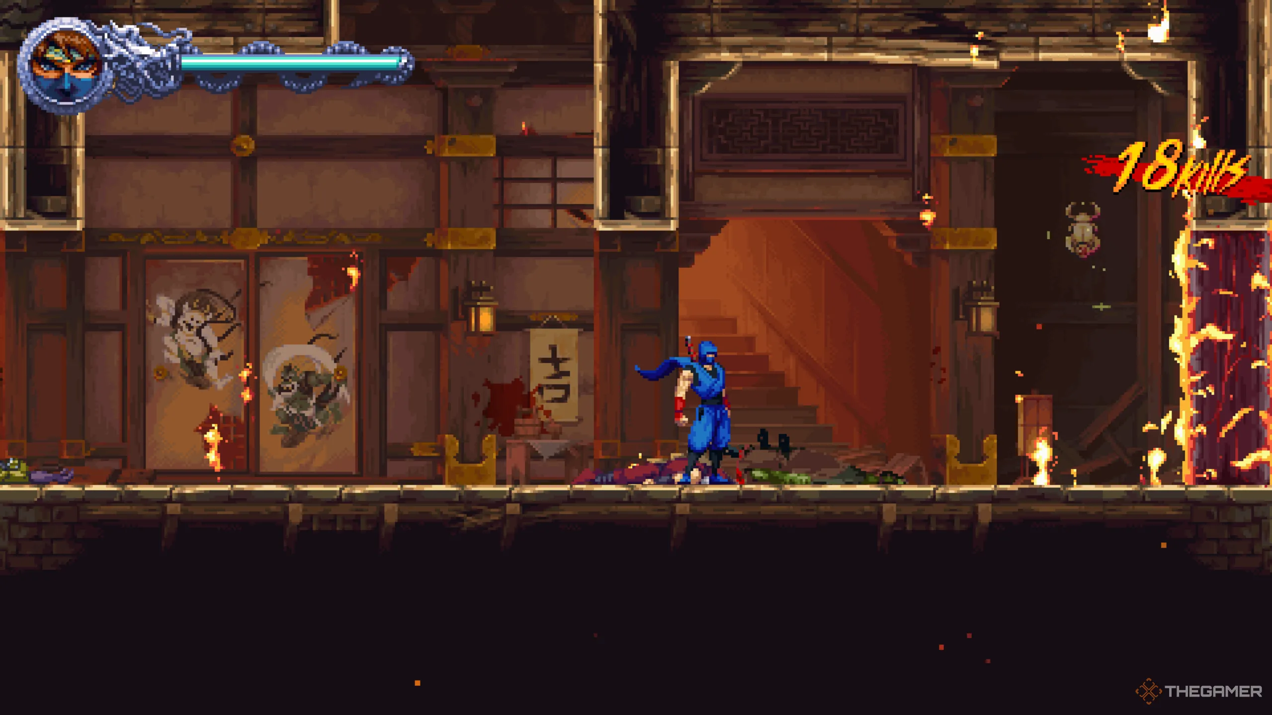 Vị trí Golden Scarab đầu tiên trong màn 1-2 Ninja Gaiden: Ragebound, nằm trong căn nhà đầu tiên.